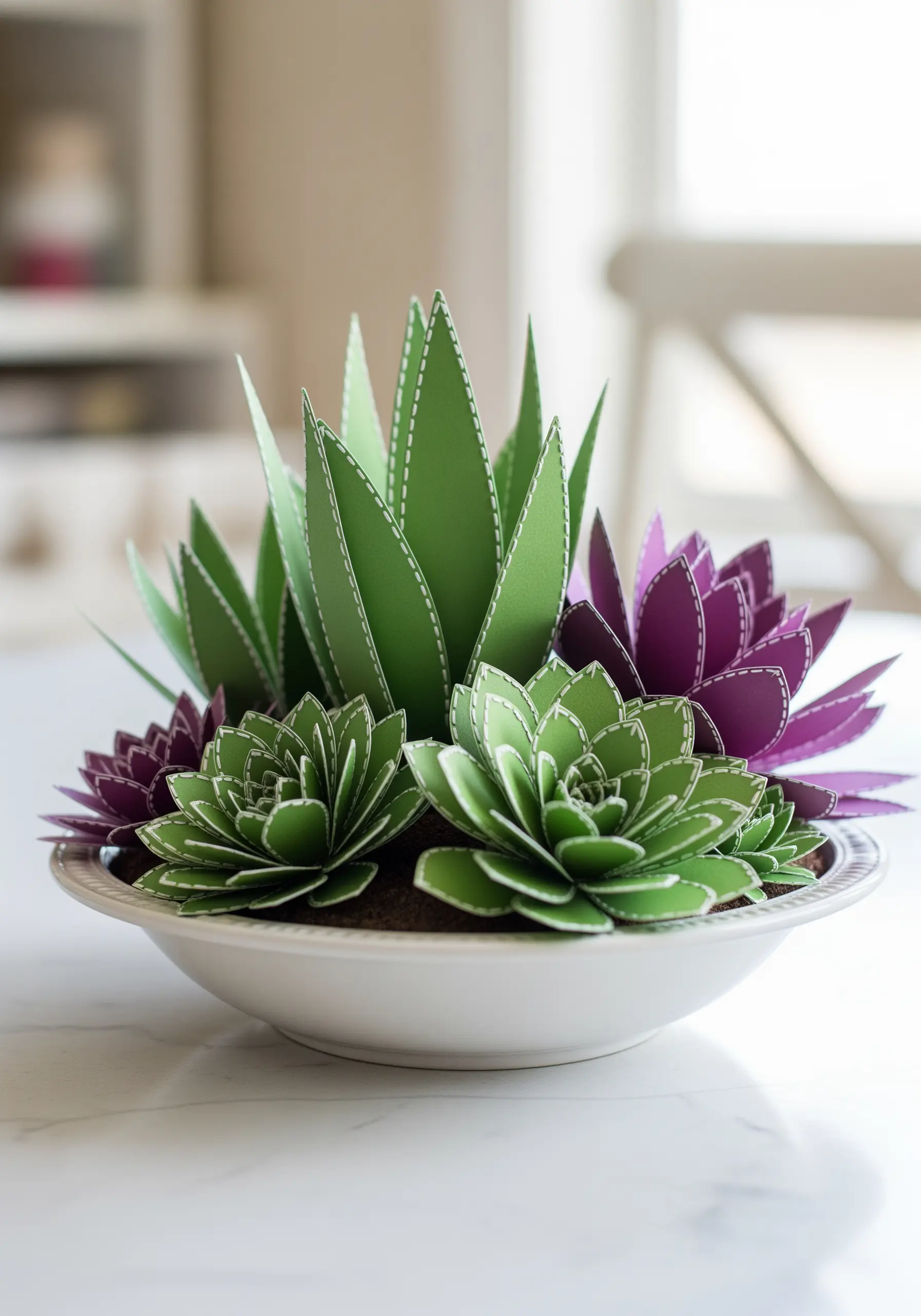 A bowl of 3D paper succulents with white stitching details along the leaf edges.
