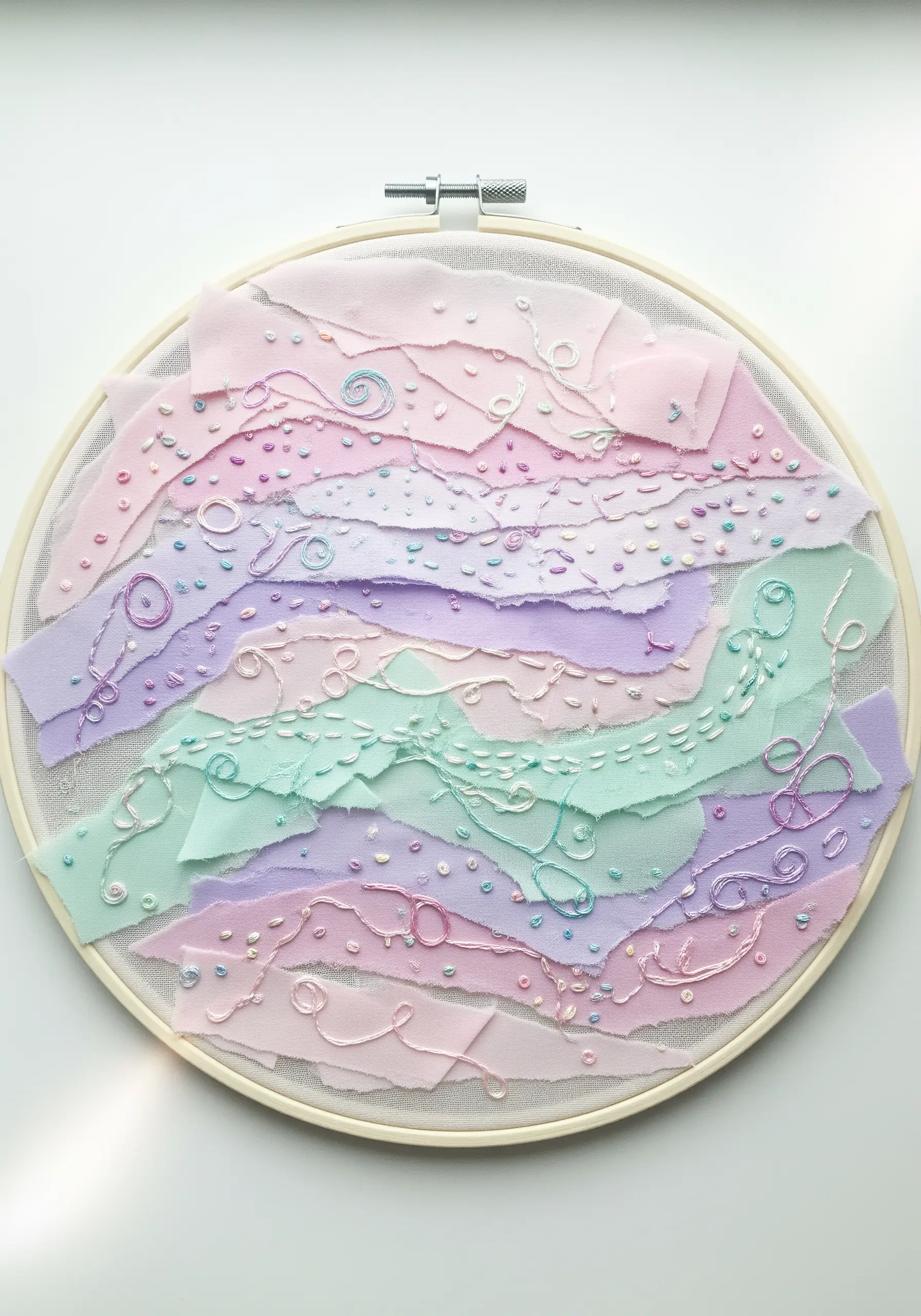 Ethereal hoop art with layered pastel chiffon, delicate stitches, and French knots.