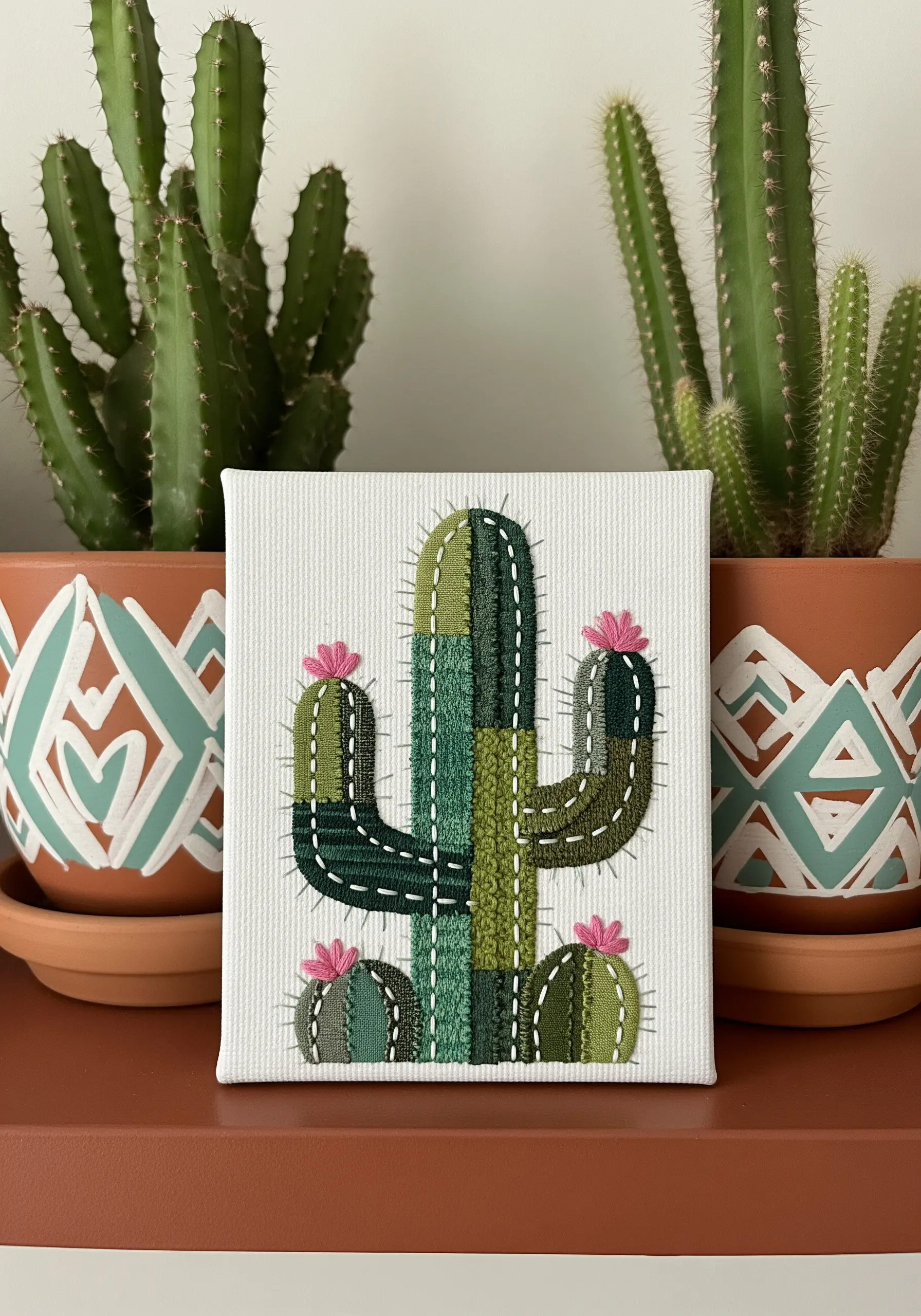 A cactus appliqué made from vertical strips of green fabric with decorative white stitching.