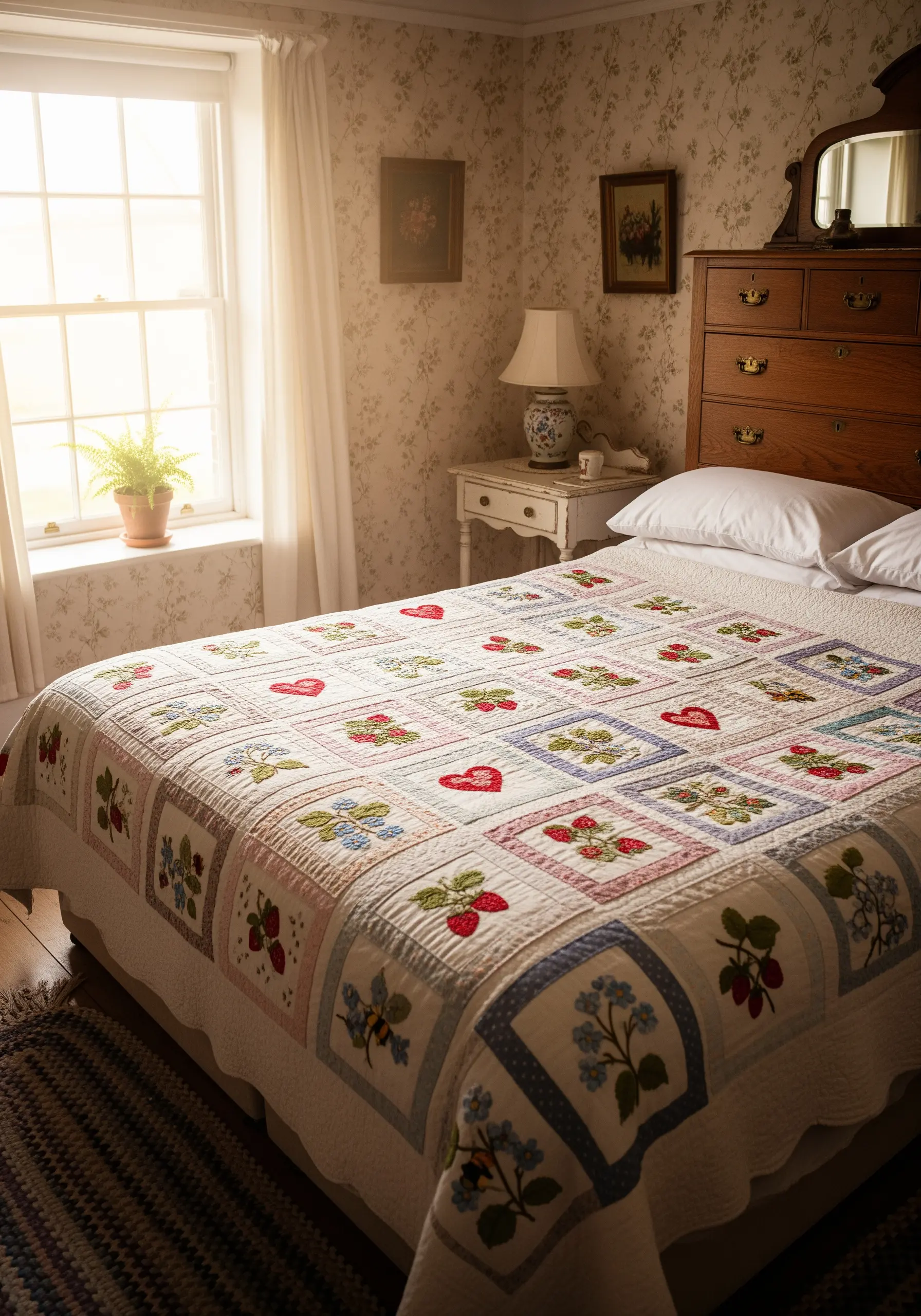 Patchwork quilt with strawberry and floral embroidery squares