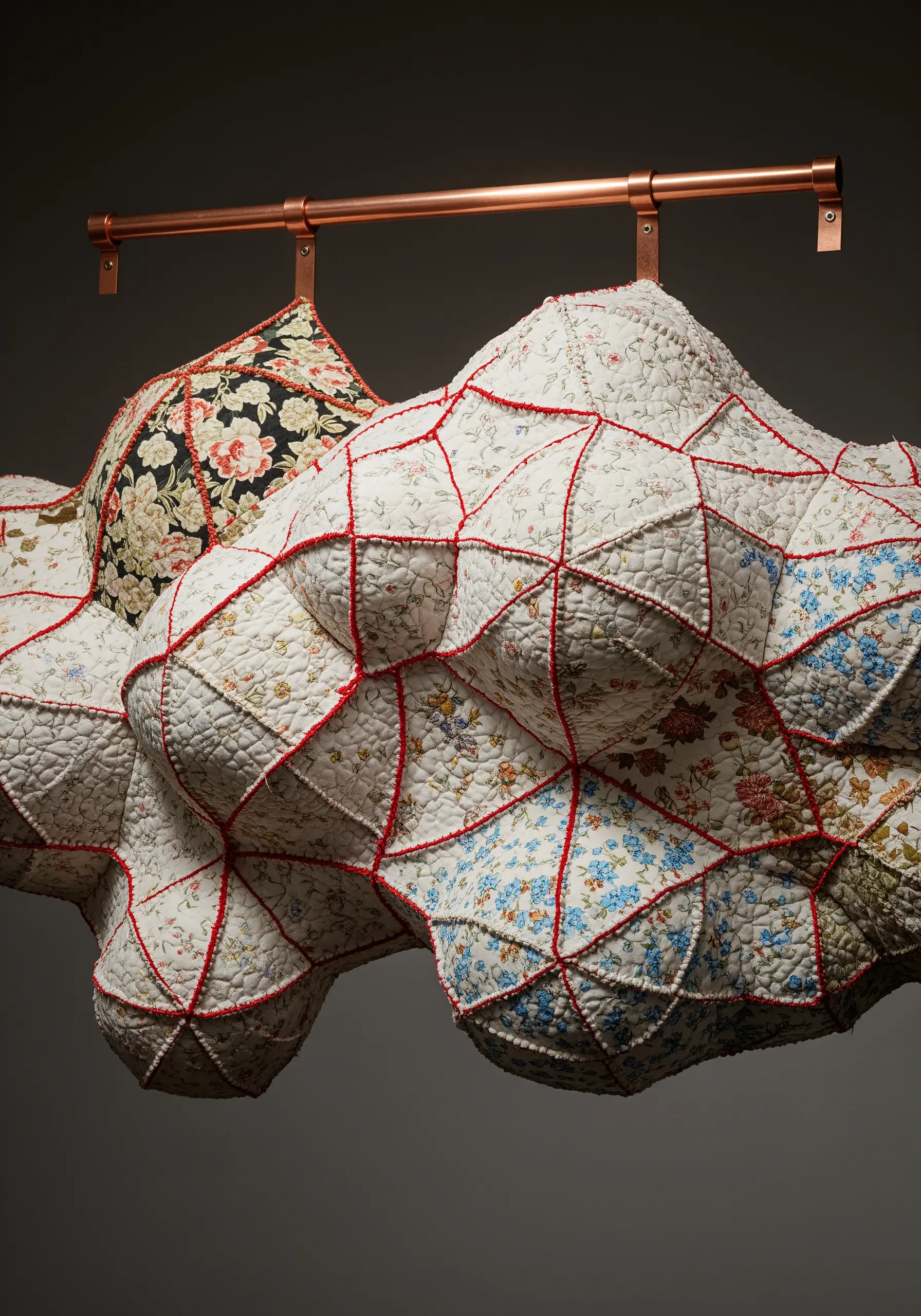 3D quilted fabric sculpture with floral patterns and red exposed stitching