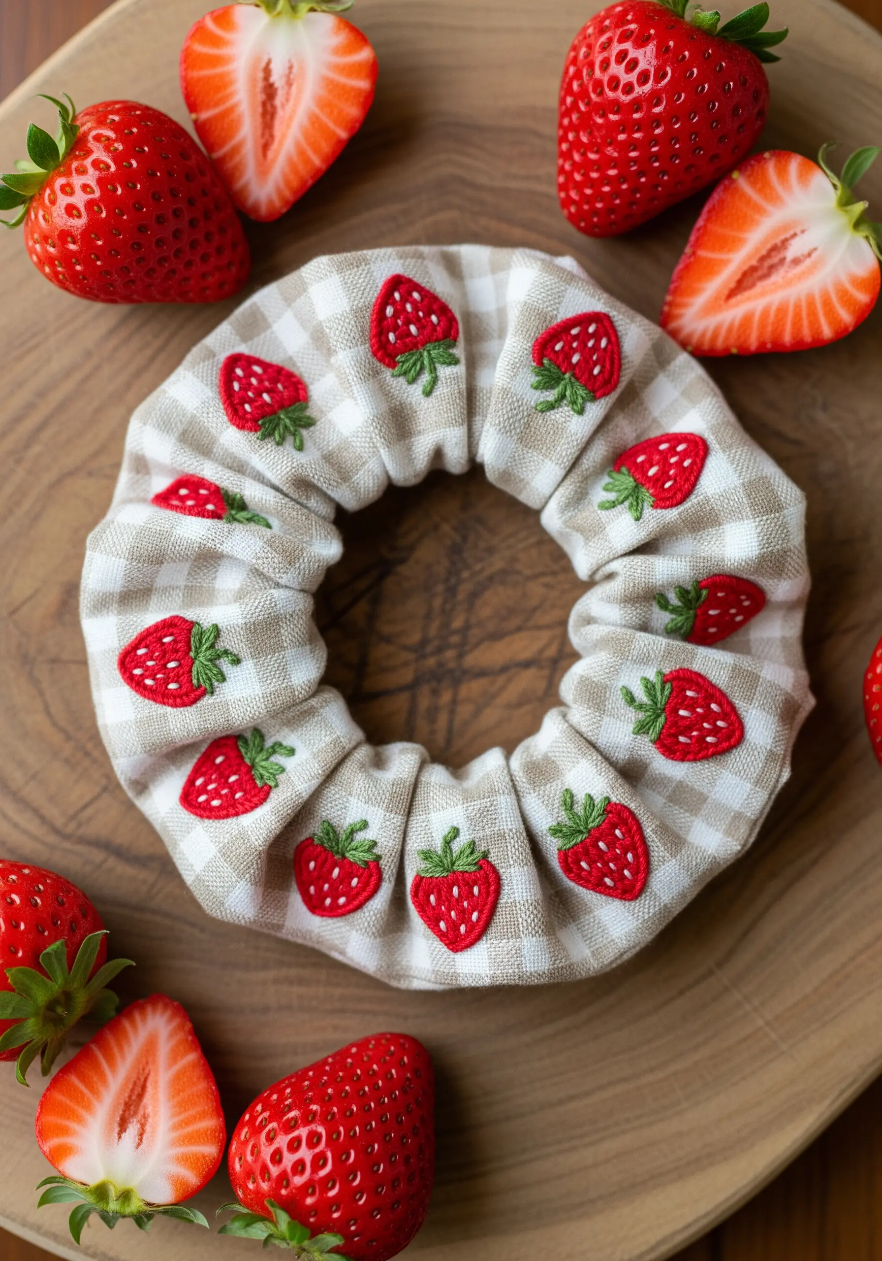 Strawberry embroidery on beige gingham scrunchie
