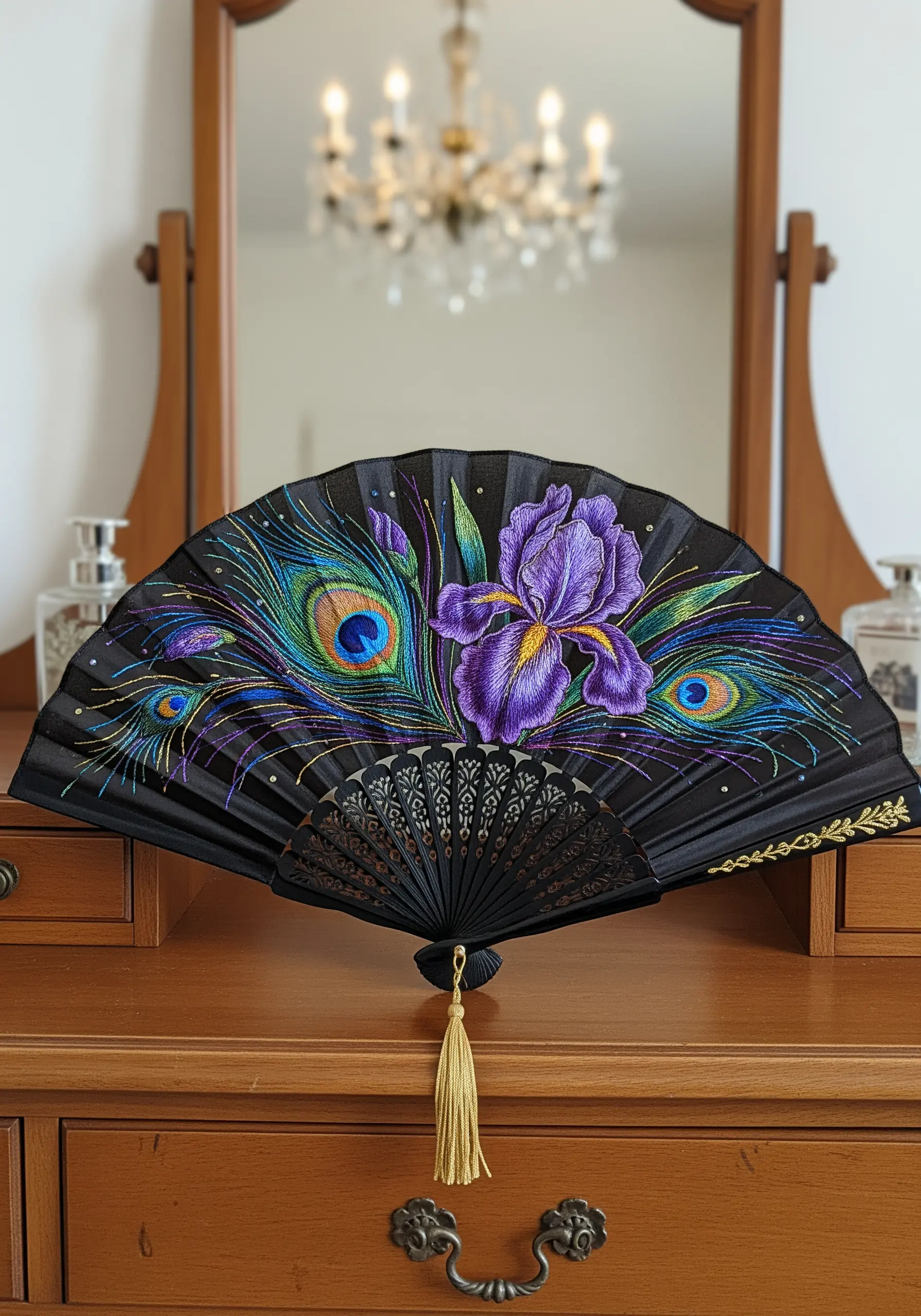 An embroidered black fan with a purple iris blended into iridescent peacock feathers.