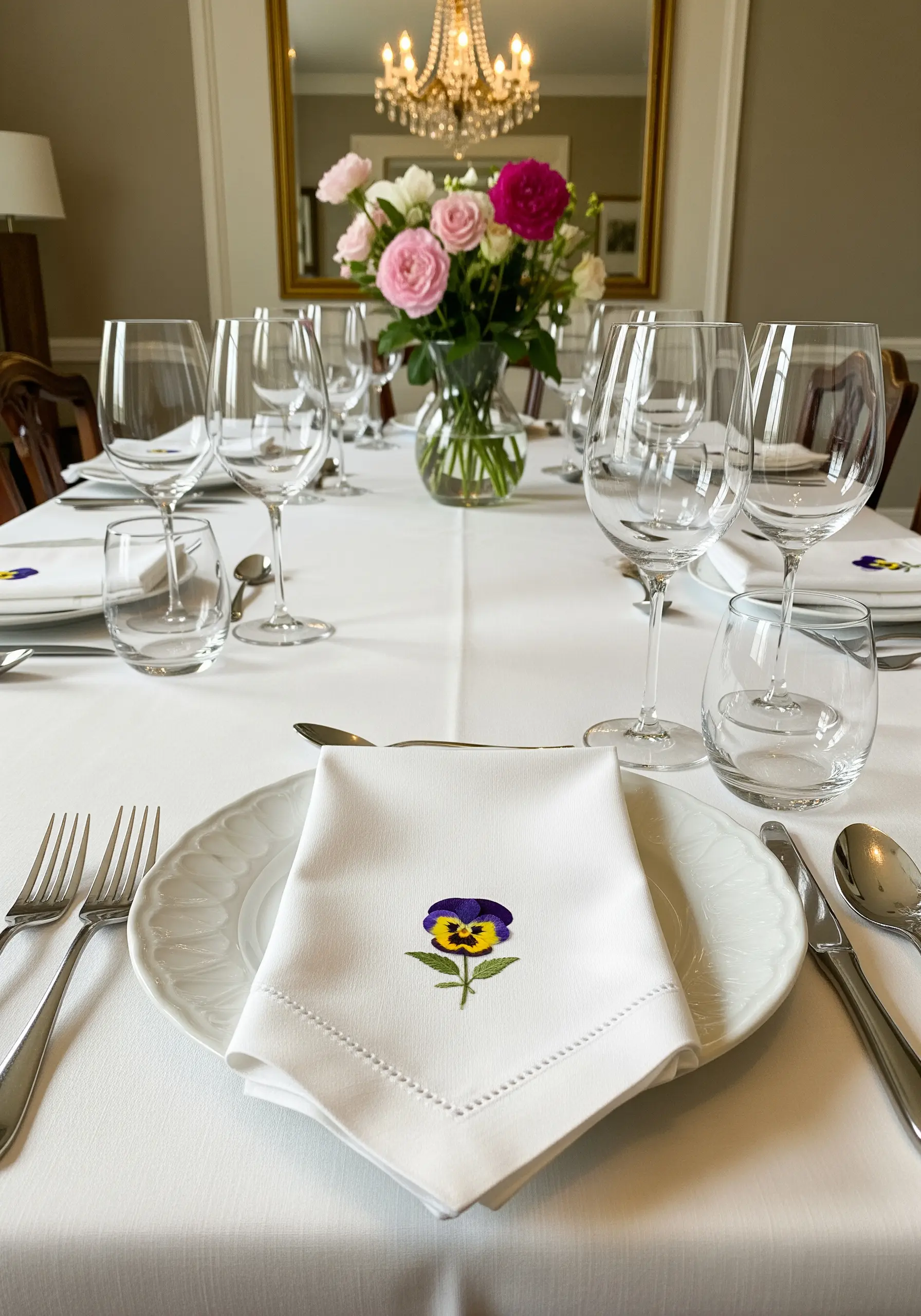 A single embroidered pansy on the corner of a folded white linen napkin.