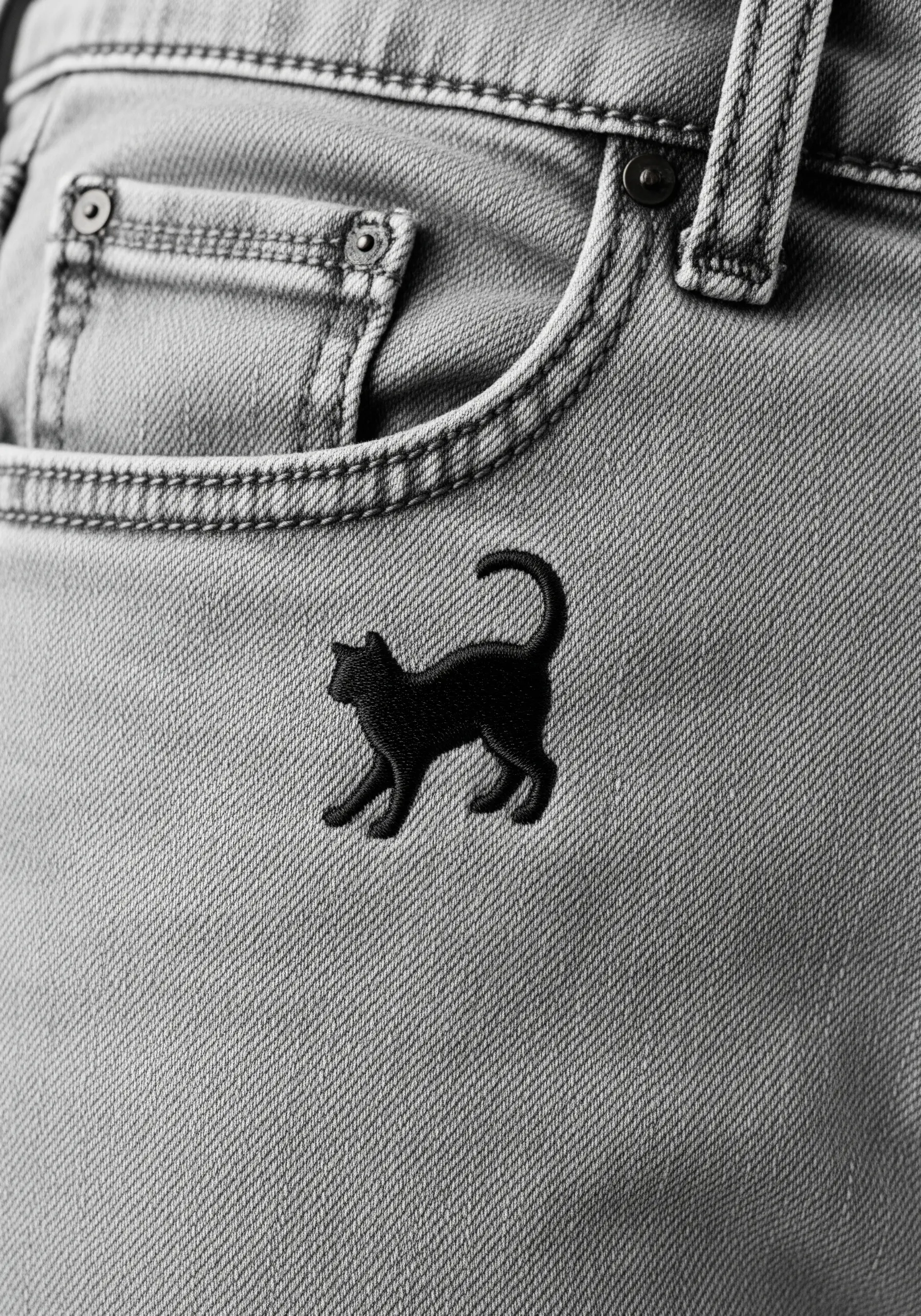 A clean, solid black cat silhouette embroidered on the pocket of gray jeans.