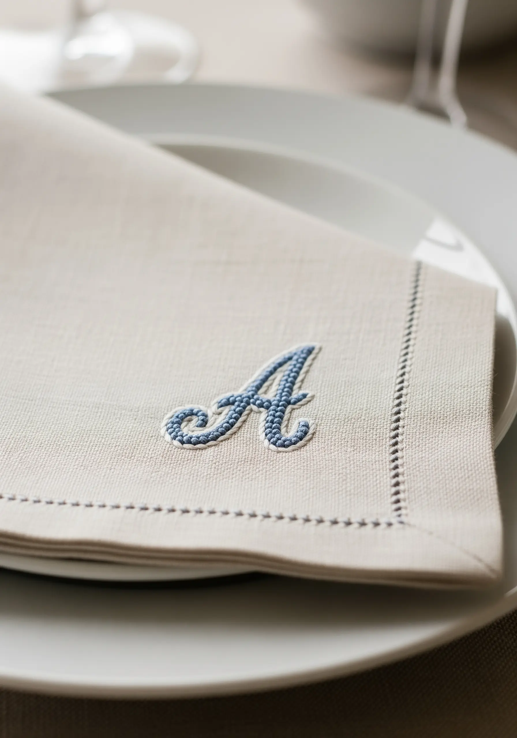 A close-up of an elegantly embroidered blue monogram 'A' on a neutral linen napkin.