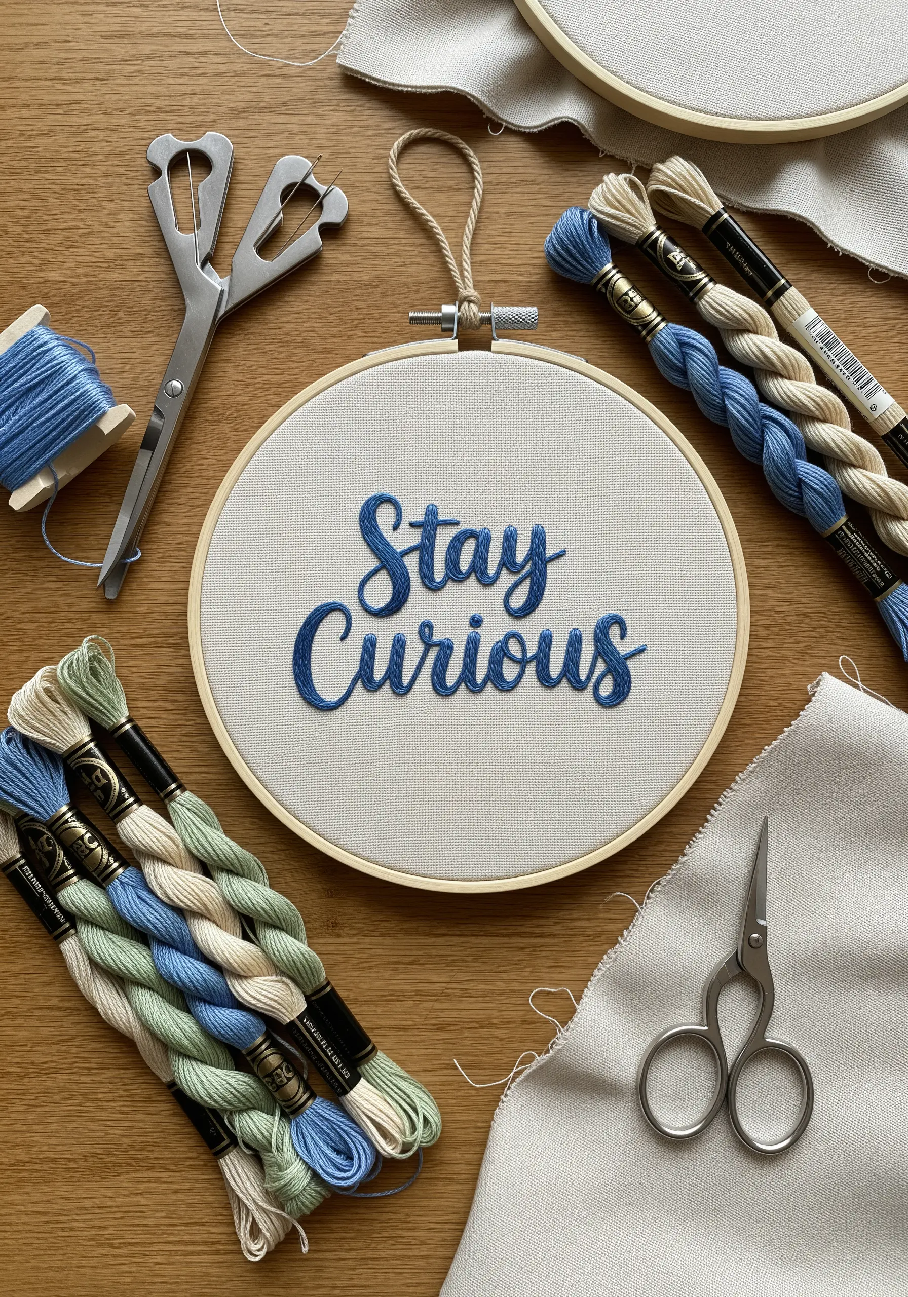 Blue cursive padded satin stitch embroidery on white linen