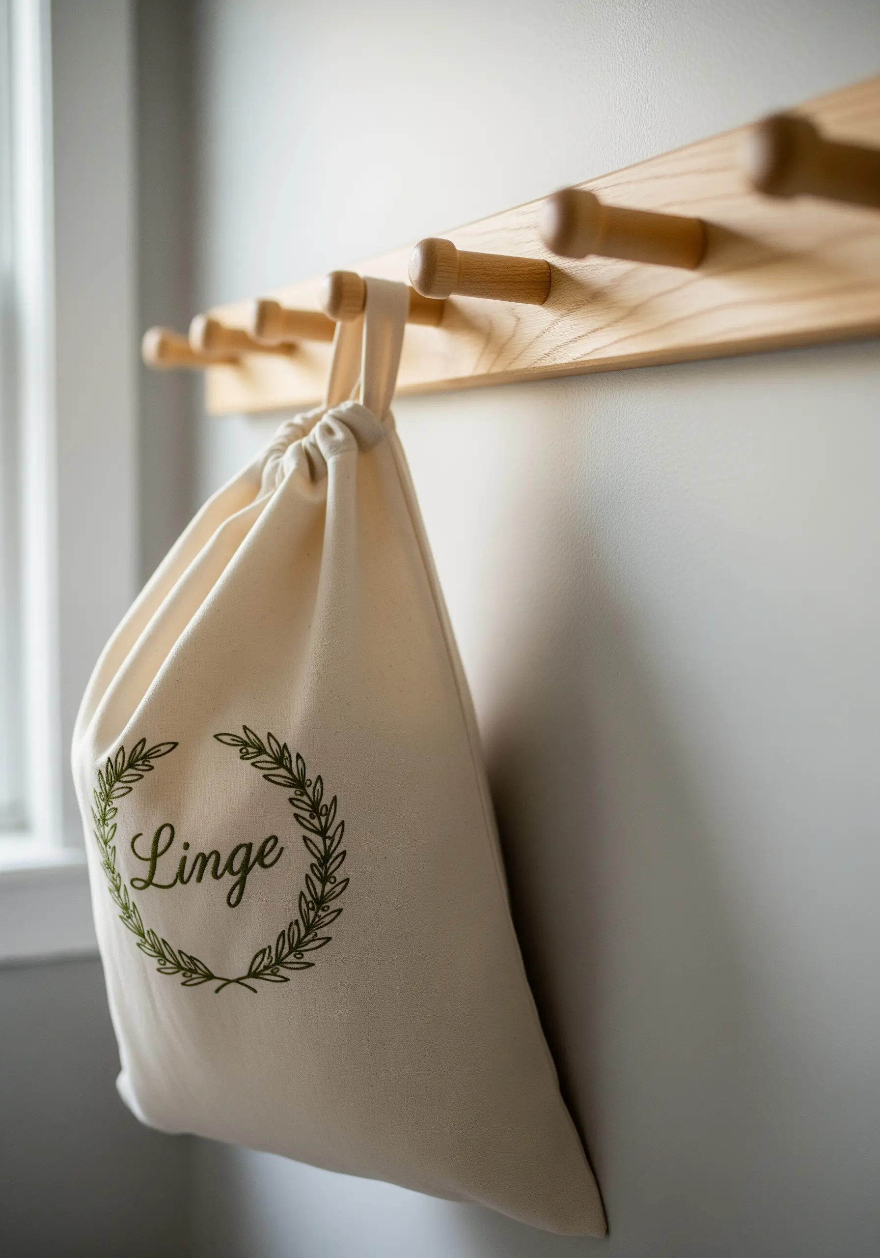 A canvas drawstring bag with the word 'Linge' and a green leafy wreath embroidered on it.