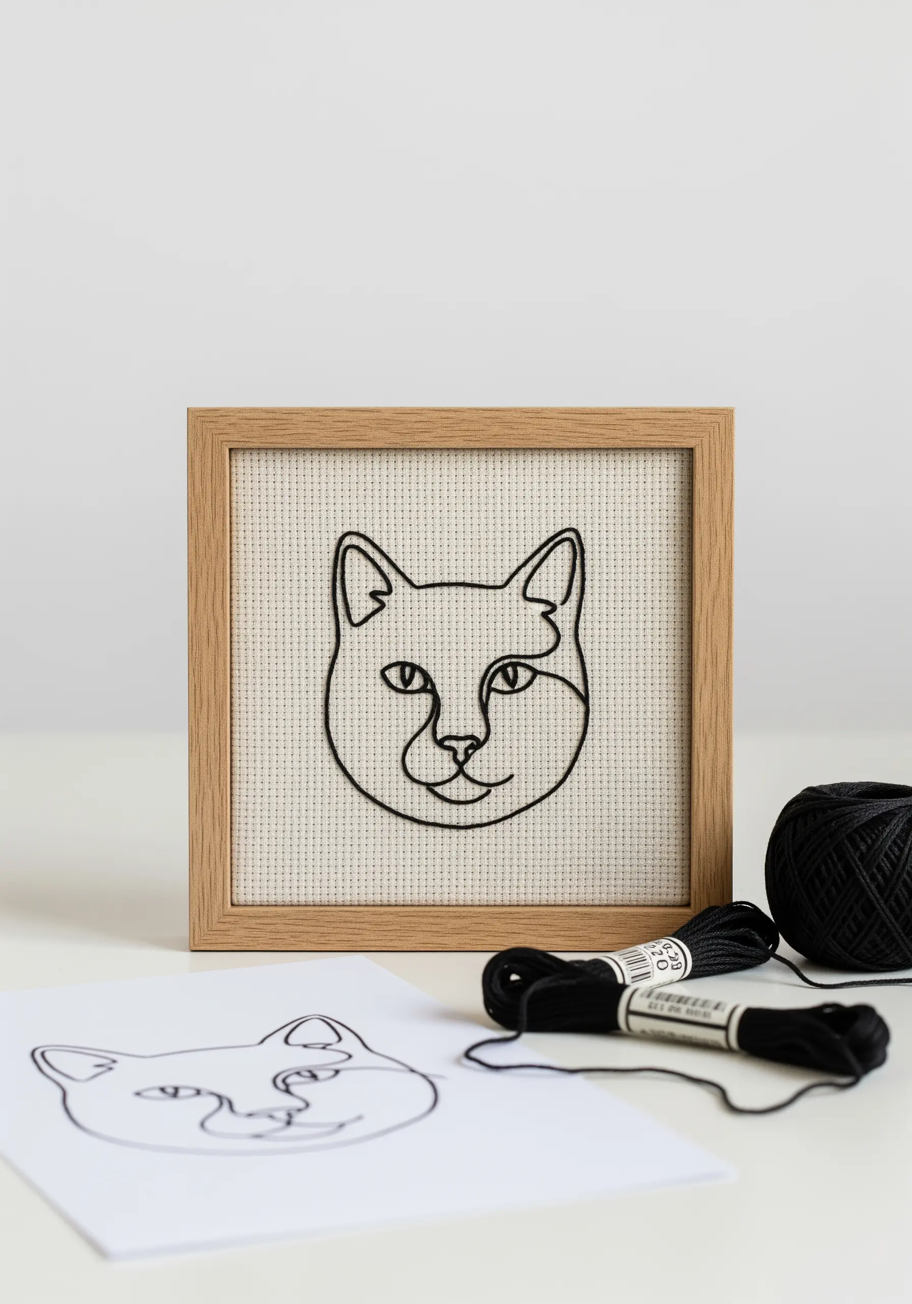 A continuous line art portrait of a cat's face stitched in black thread and framed.