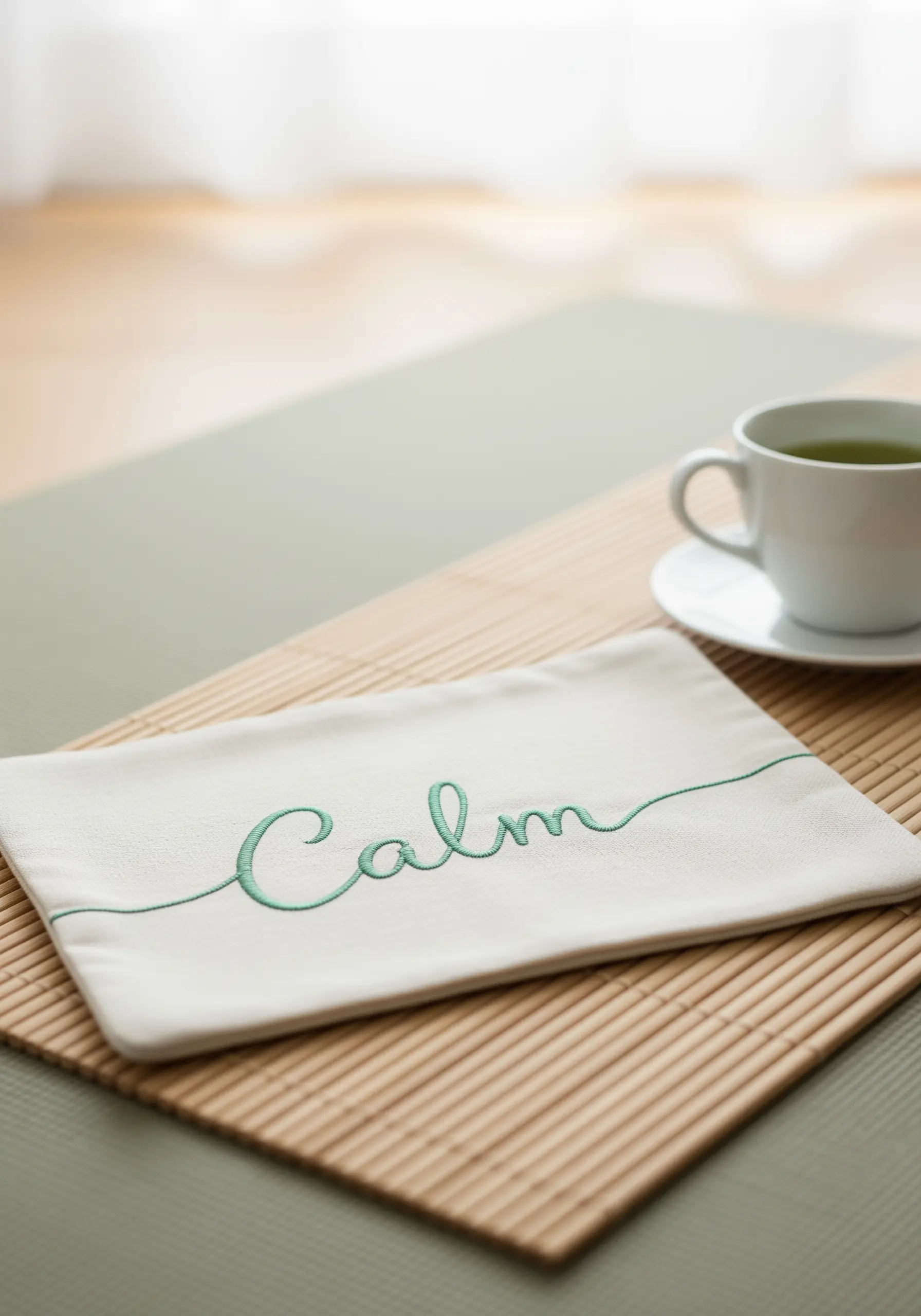 The word 'Calm' embroidered in a flowing green script on a white mug rug.