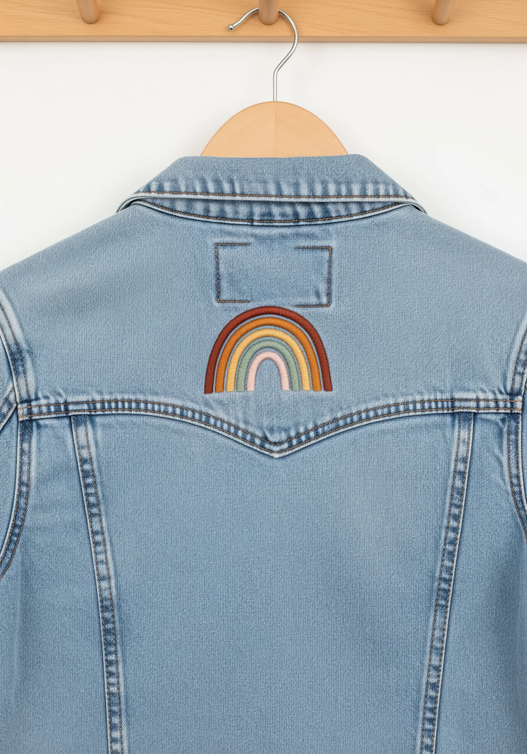 A clean, earth-toned rainbow embroidered with satin stitch on a denim jacket yoke.
