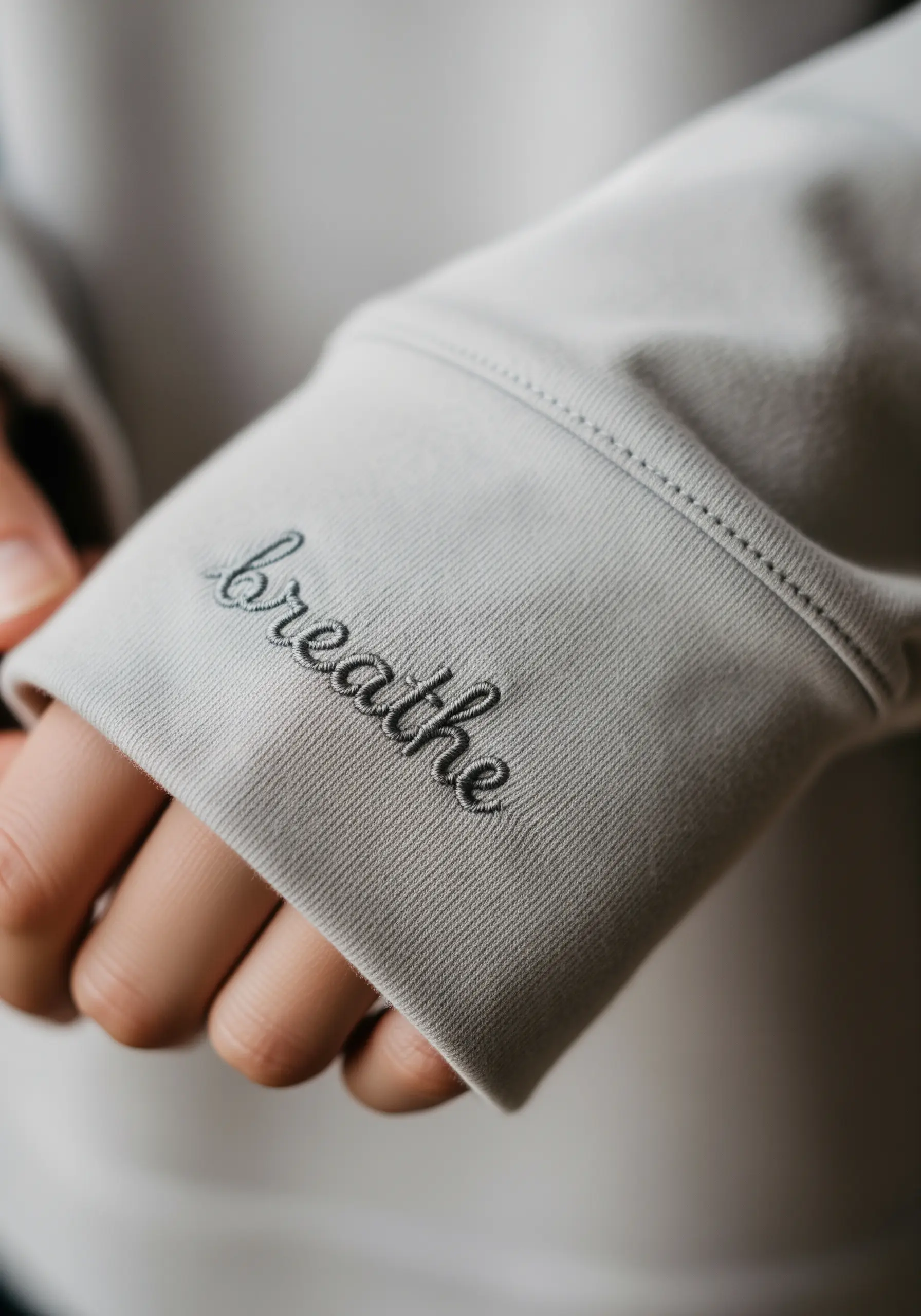 The word 'breathe' embroidered in a delicate script on the cuff of a grey sweatshirt.