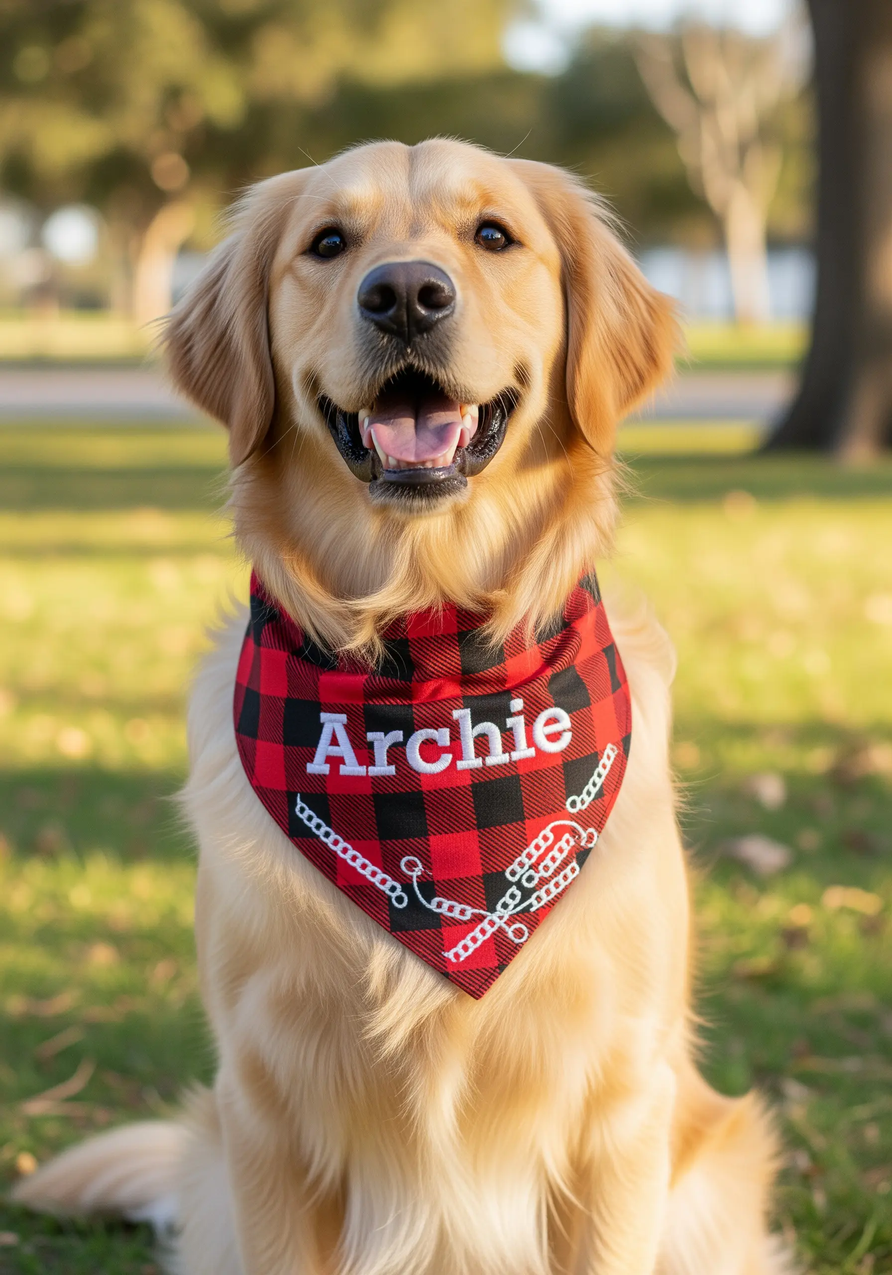 A golden retriever wearing a red and black plaid bandana with the name 'Archie' appliquéd.