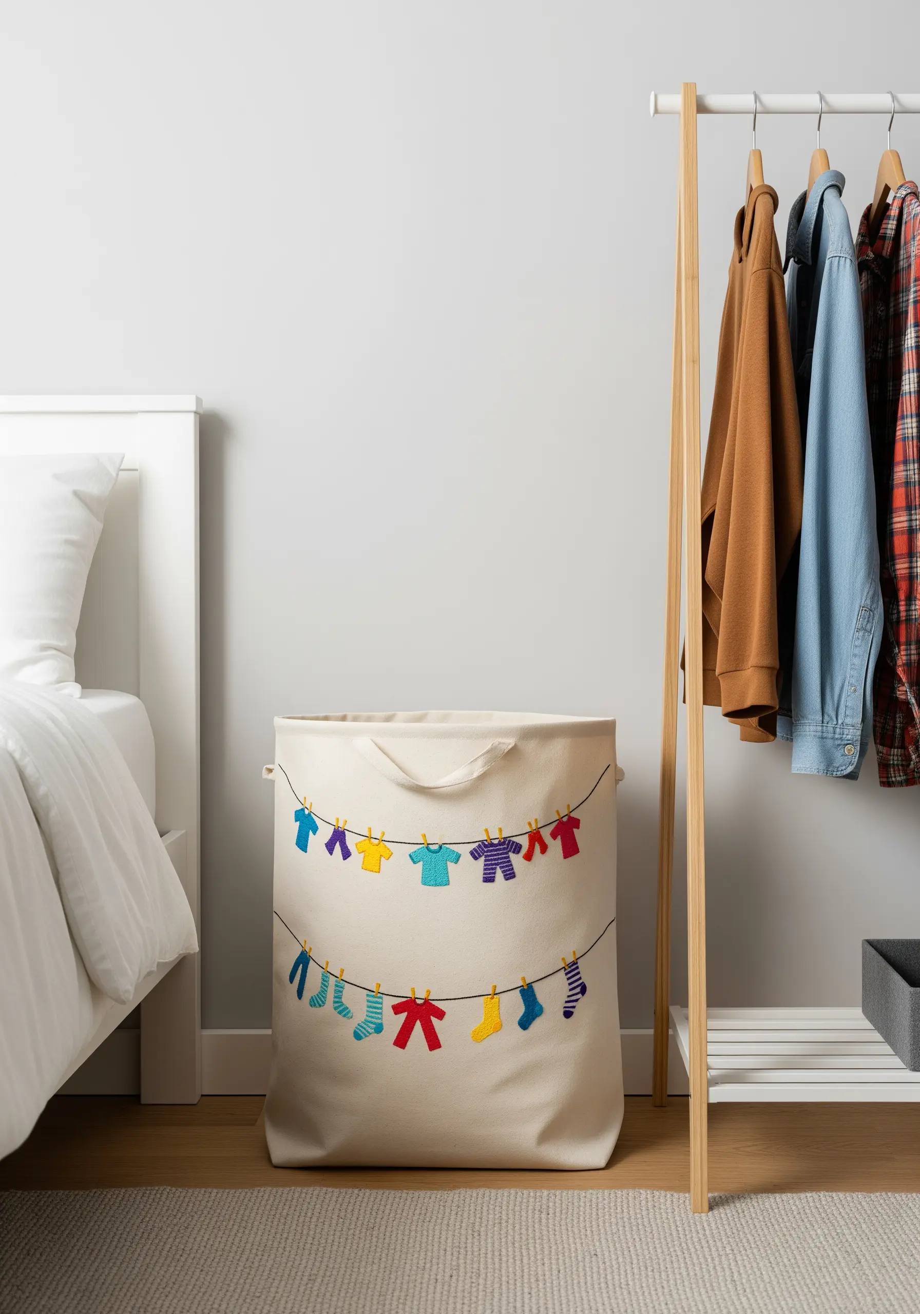 A canvas laundry hamper embroidered with two clotheslines holding colorful miniature clothes.
