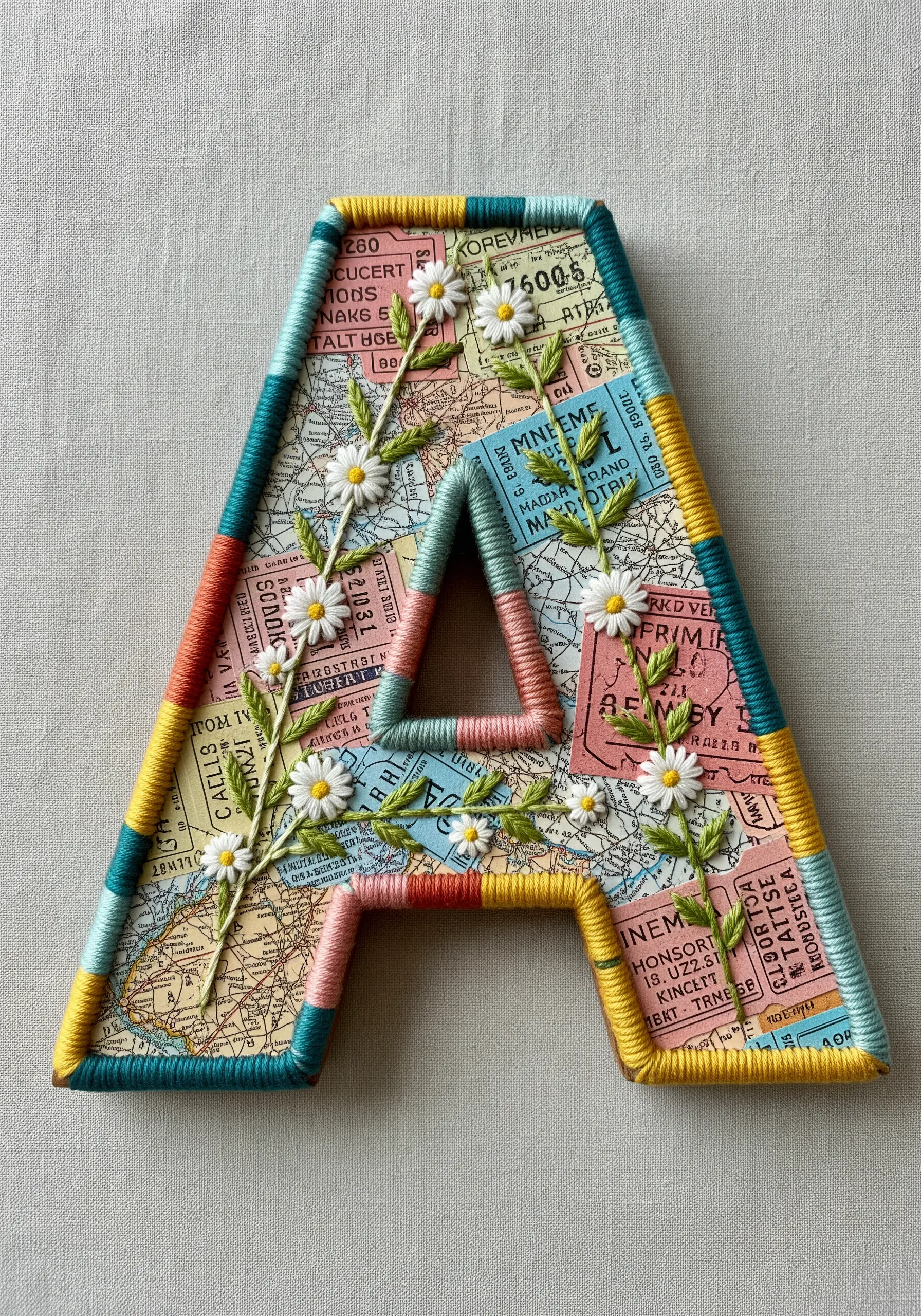 A large letter 'A' decorated with a map collage, wrapped with colorful thread, and embellished with daisies.