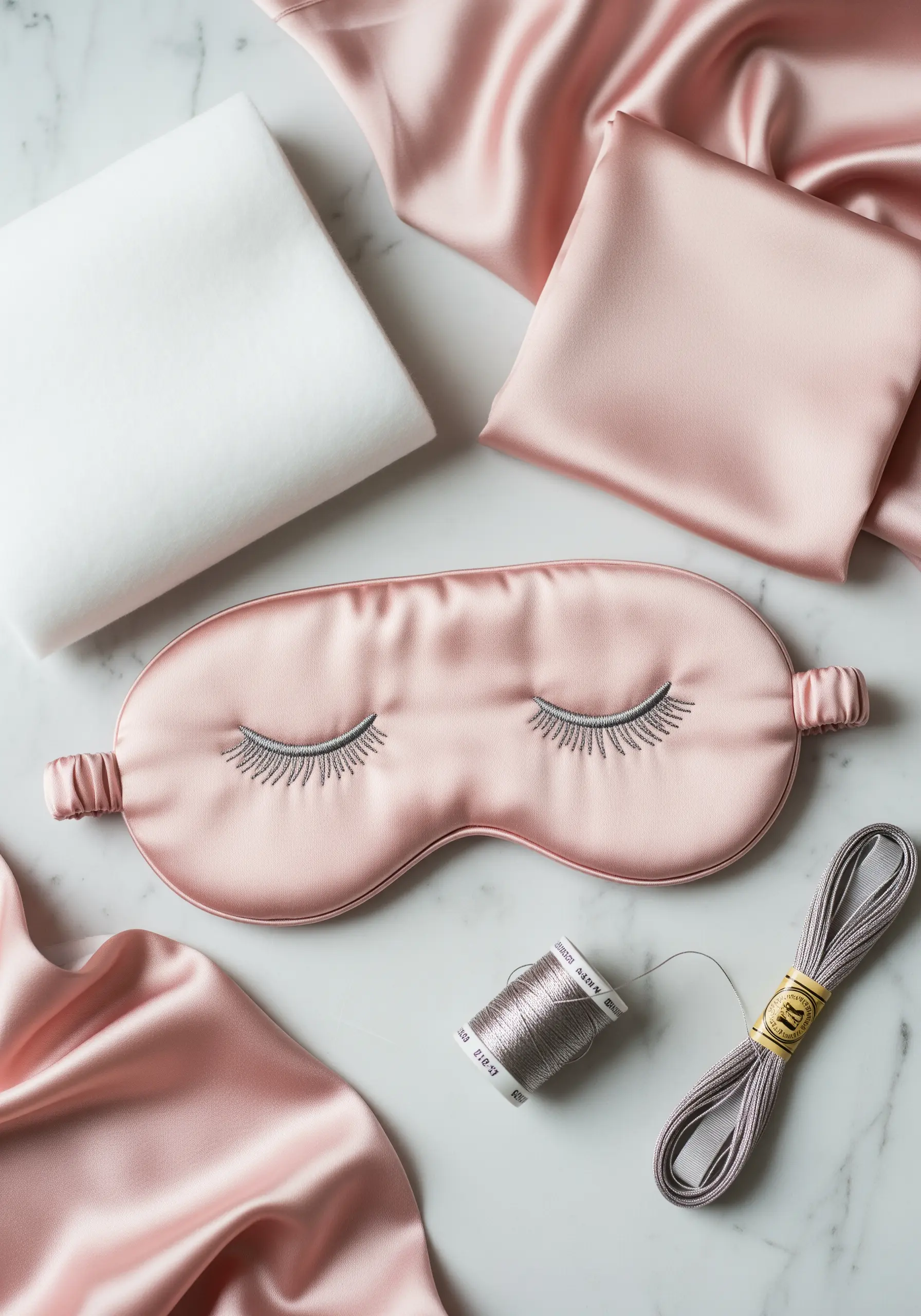 A pink silk sleep mask with delicately embroidered closed eyelashes in grey thread.