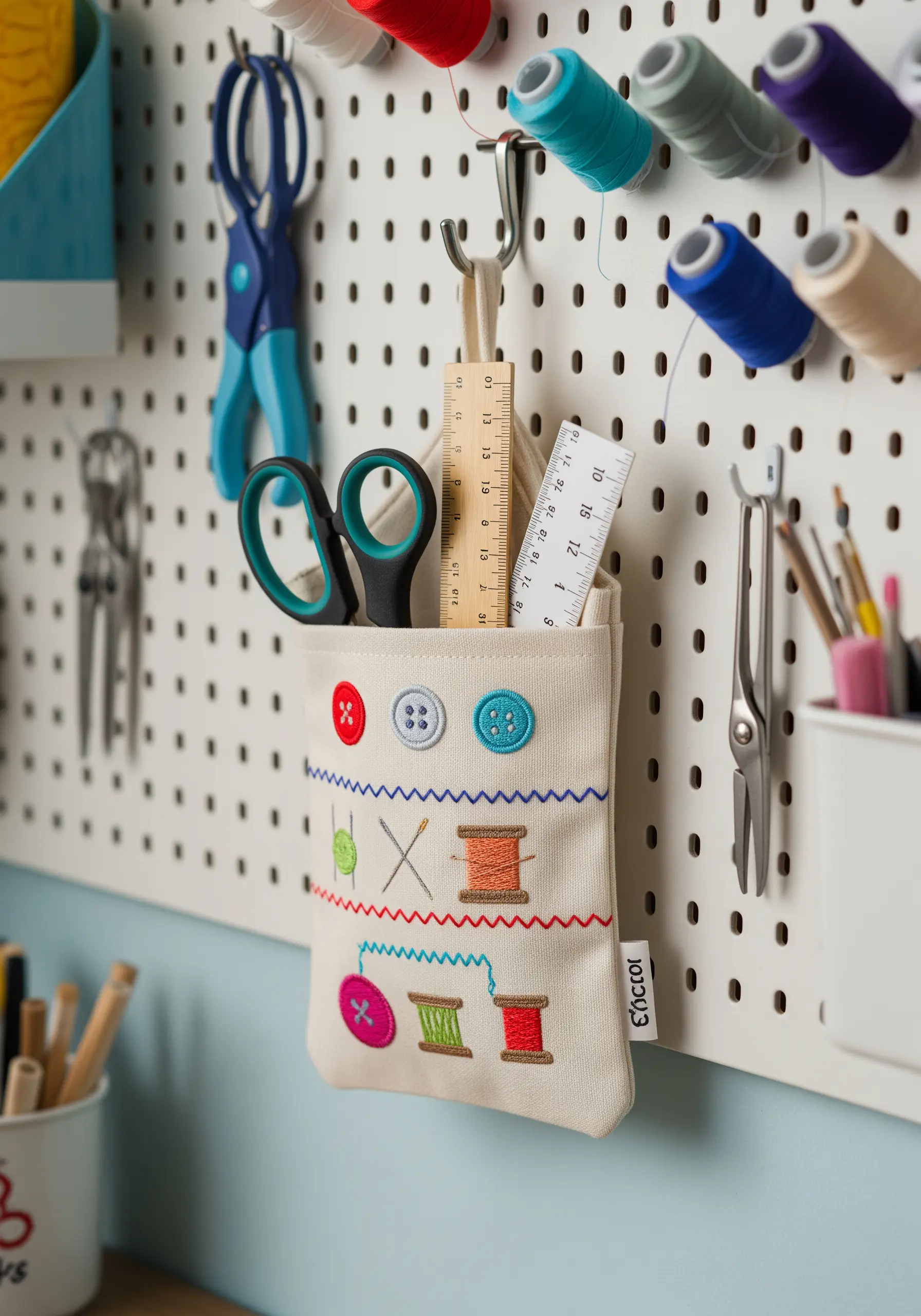 A canvas pouch for a pegboard, embroidered with sewing notions.