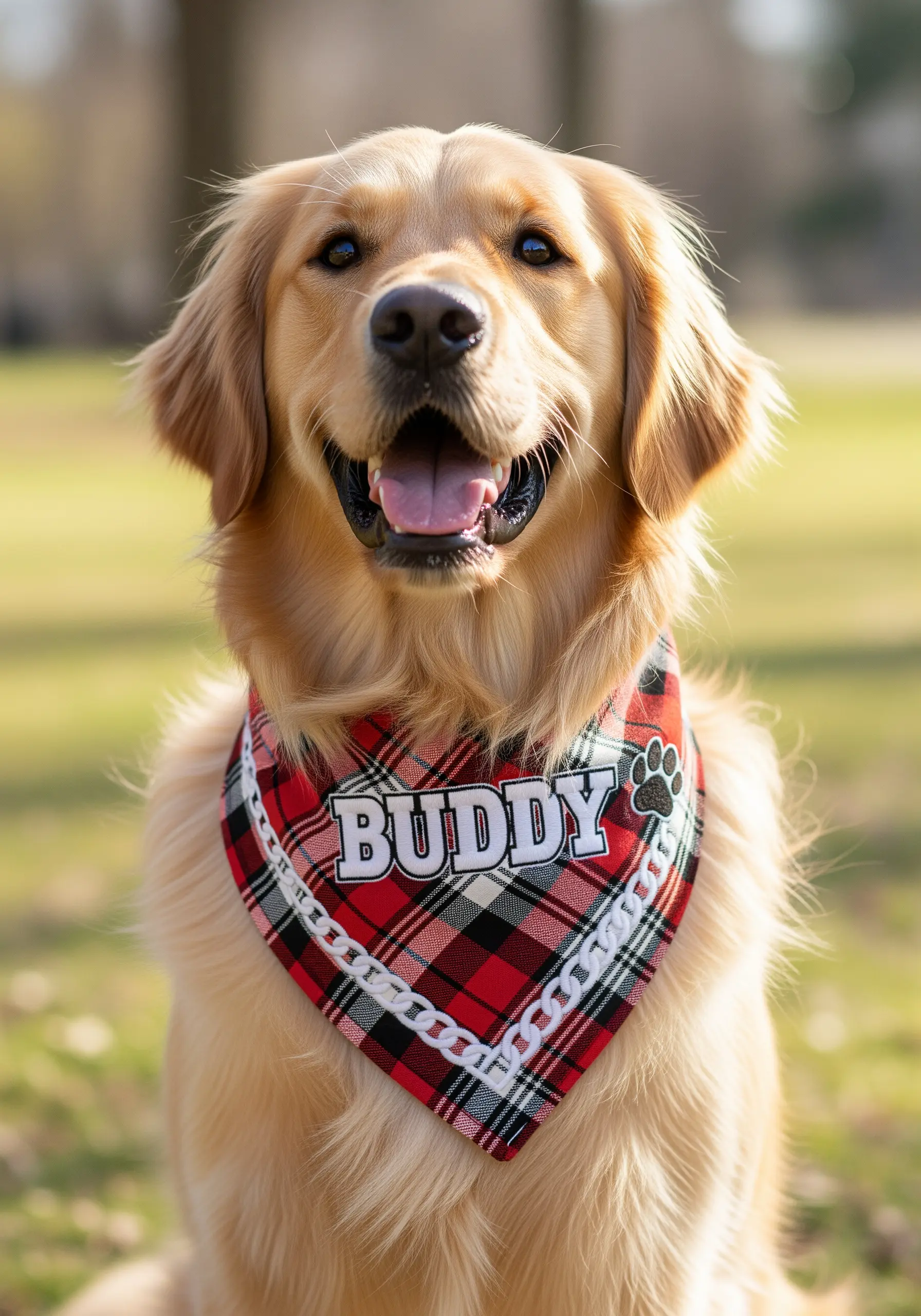 A golden retriever wearing a red plaid bandana with its name, 'Buddy,' in white appliqué letters.