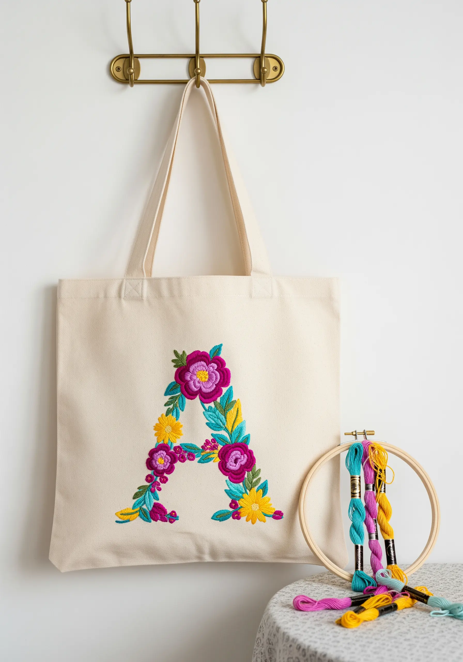 A floral monogram 'A' embroidered with vibrant flowers on a canvas tote bag.