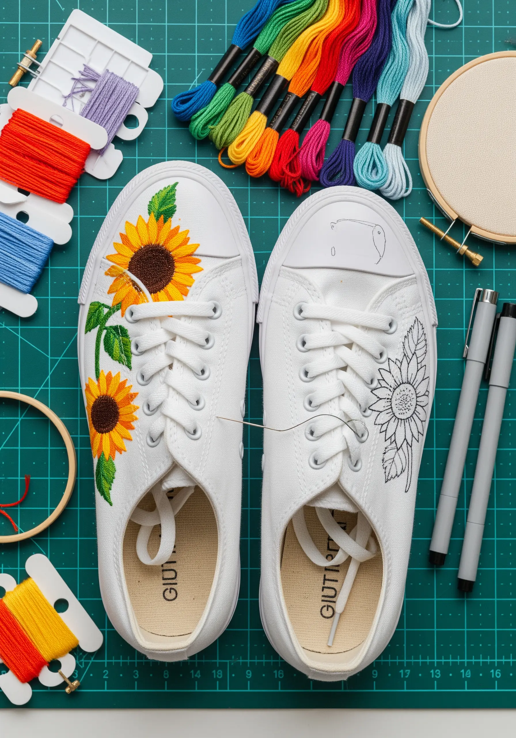 Canvas sneakers being embroidered with a bright yellow sunflower design