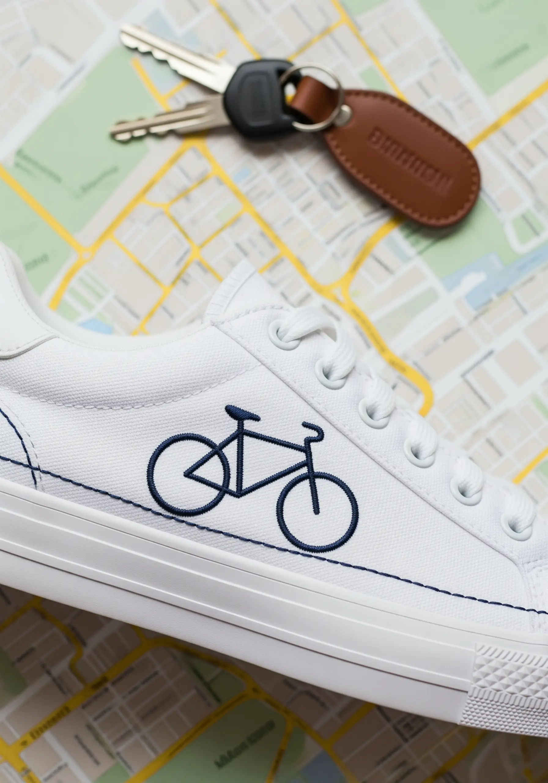 A simple bicycle outlined in navy thread on the side of a white canvas sneaker.