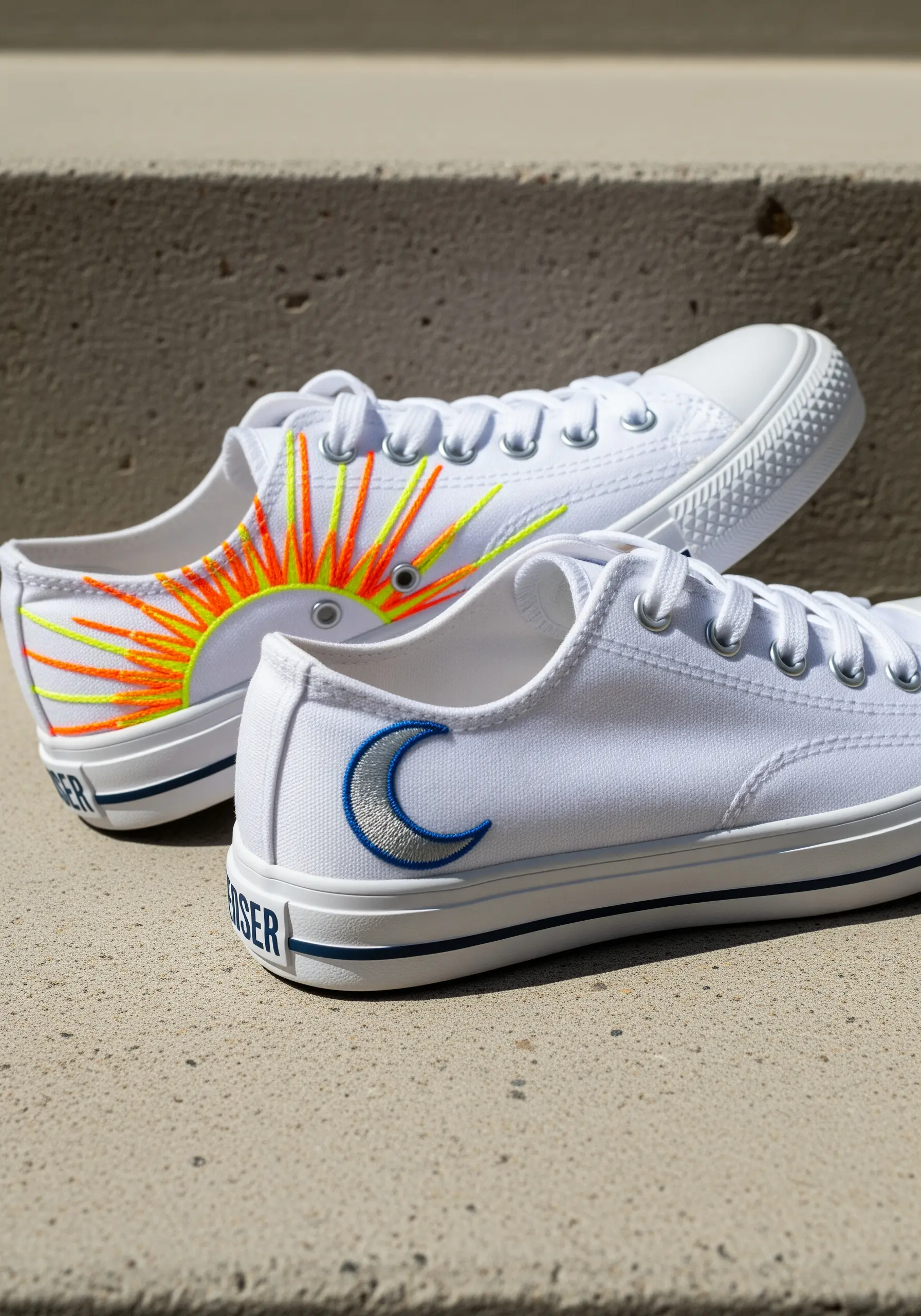 Embroidered sun and moon motifs on the heels of white canvas sneakers.