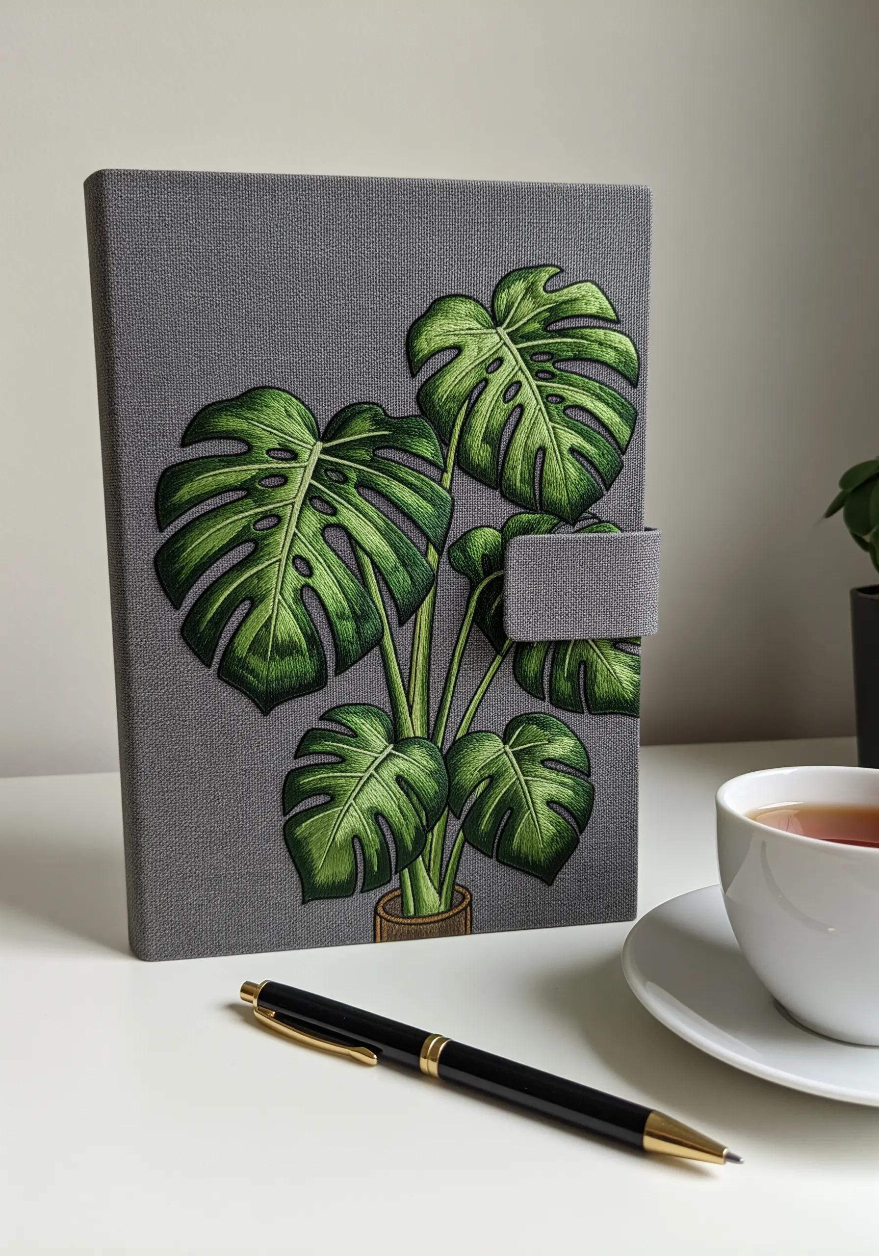 A gray journal cover with a detailed, thread-painted embroidery of a Monstera plant.