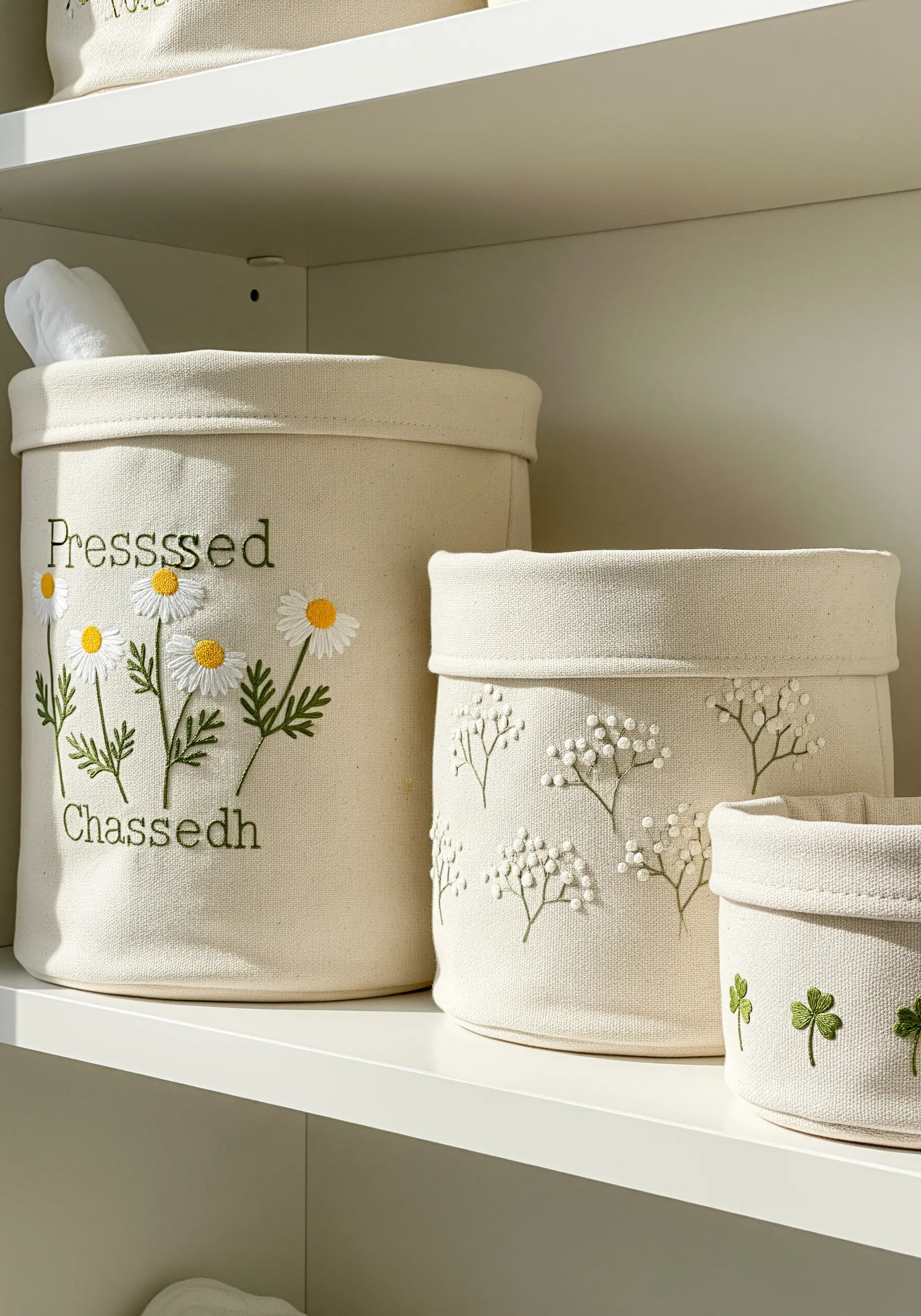 Canvas storage baskets decorated with embroidered daisies, Queen Anne's lace, and lettering.