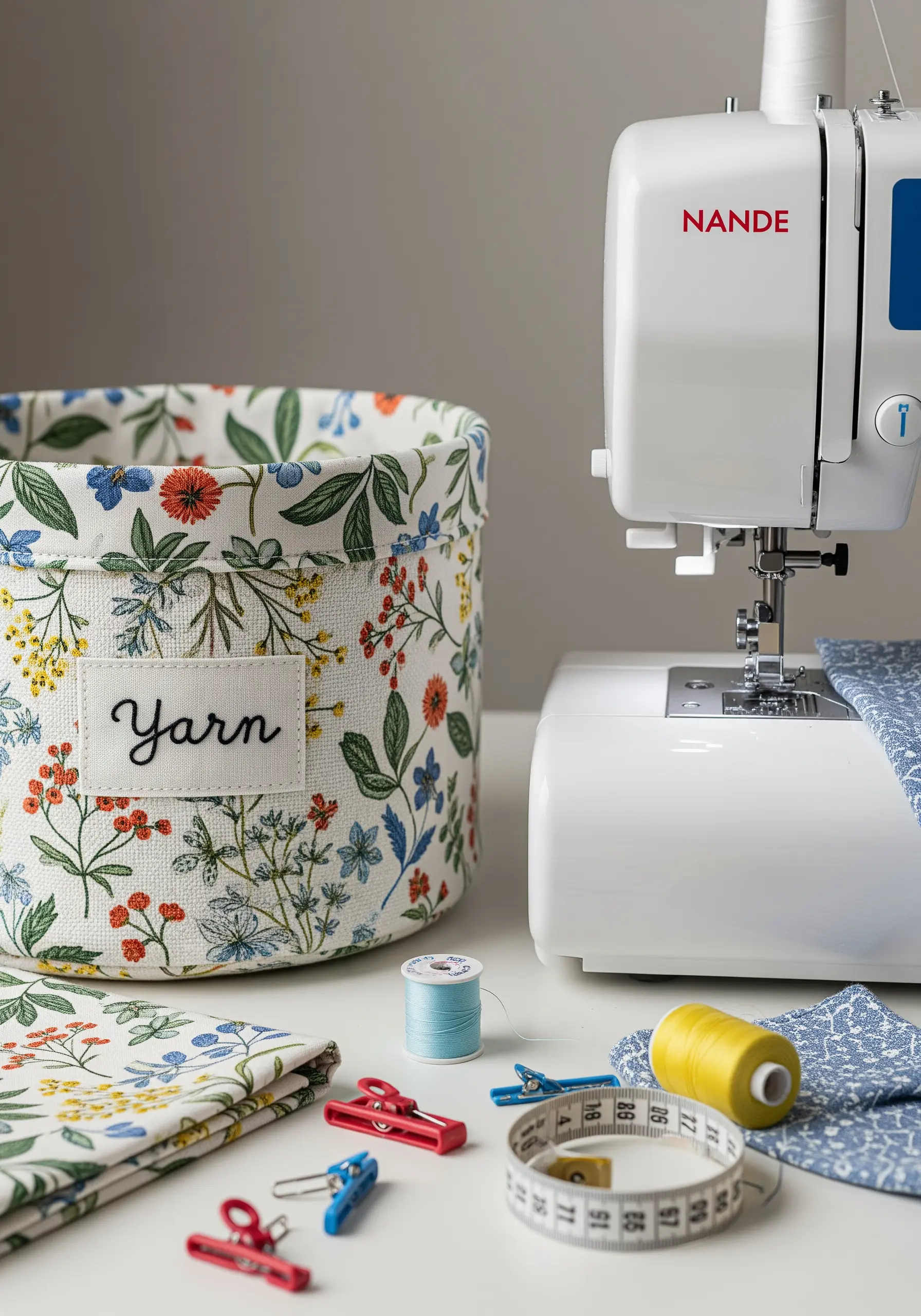 A sewing machine next to a fabric basket with a hand-embroidered 'Yarn' label on the front.