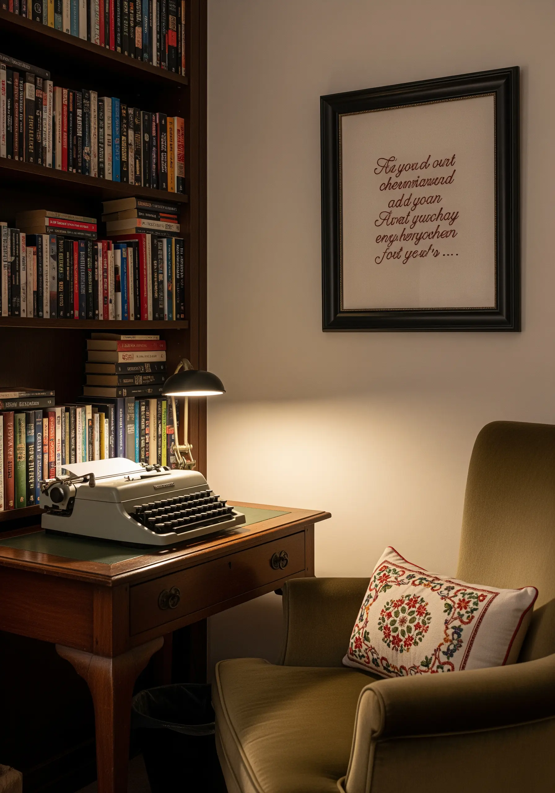 Framed embroidery of a quote in an elegant script font hanging in a cozy writer's nook.