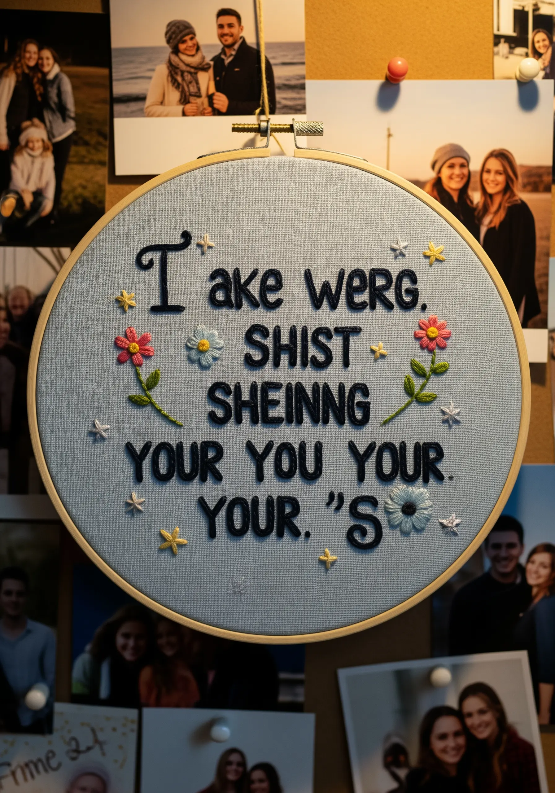 An embroidery hoop with a stitched quote and small floral details, pinned to a corkboard.