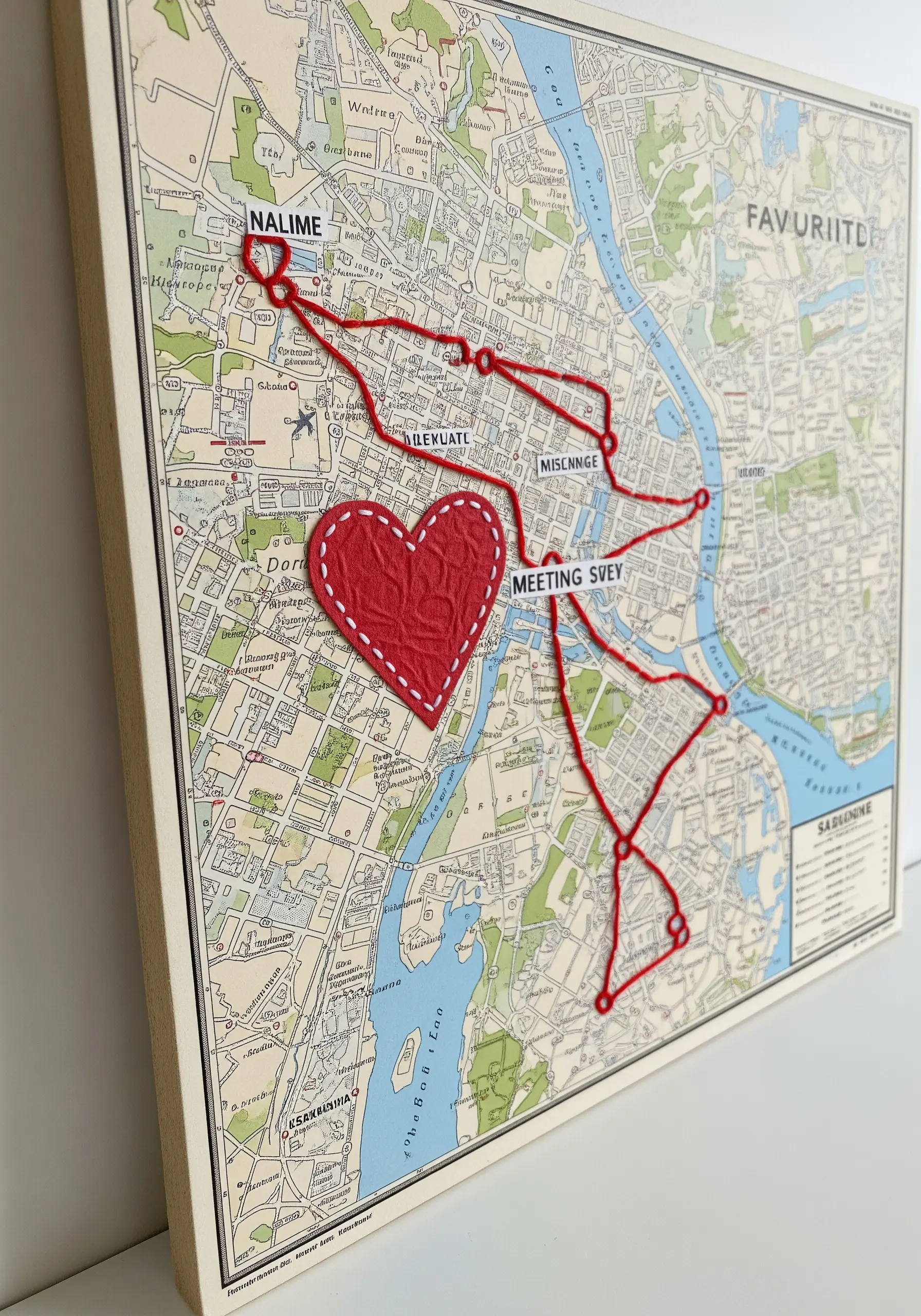 A city map with a red thread stitched in a path between locations, featuring a red fabric heart.