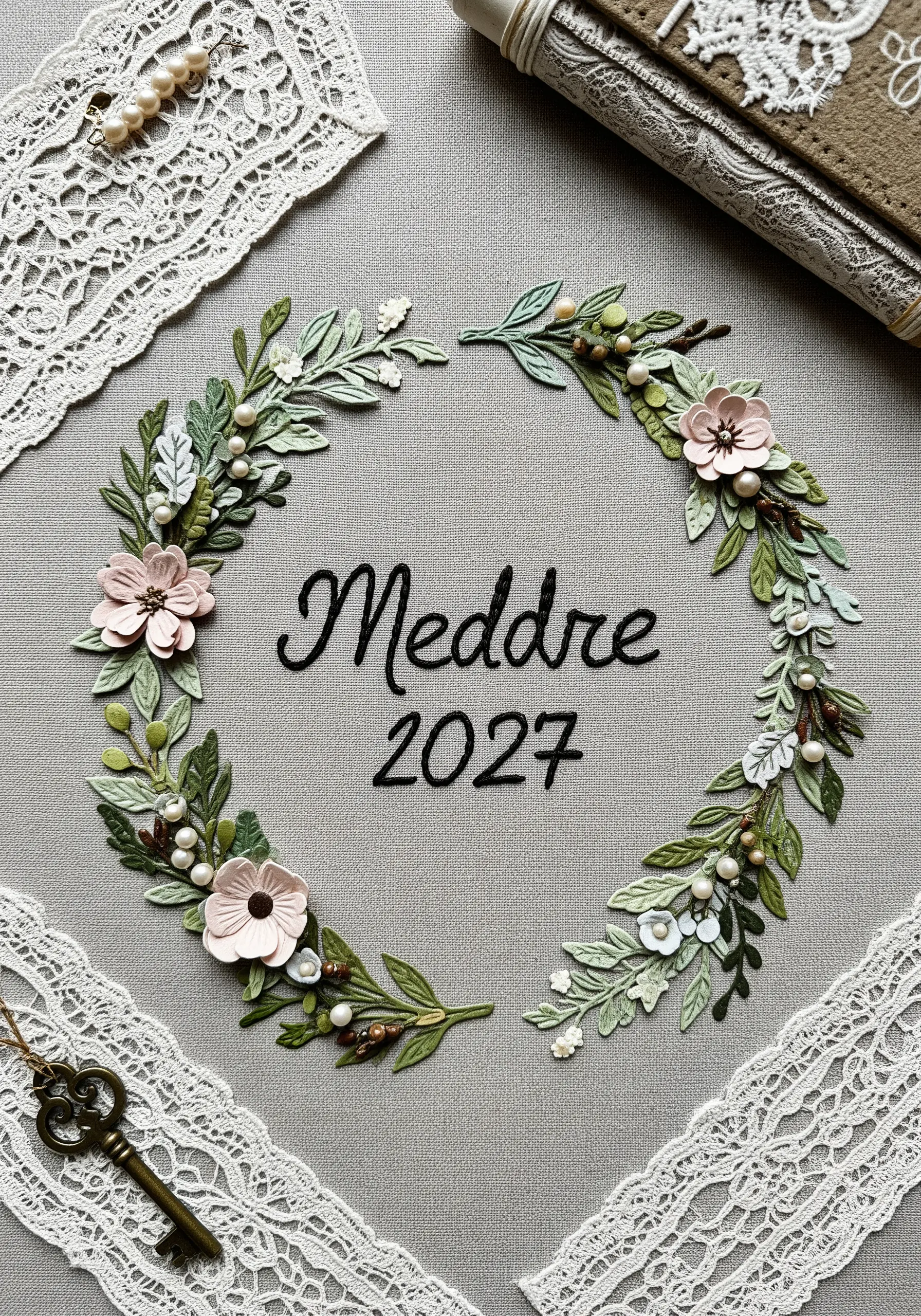 A personalized embroidery with a name and date, surrounded by a delicate wreath of paper flowers and pearls.