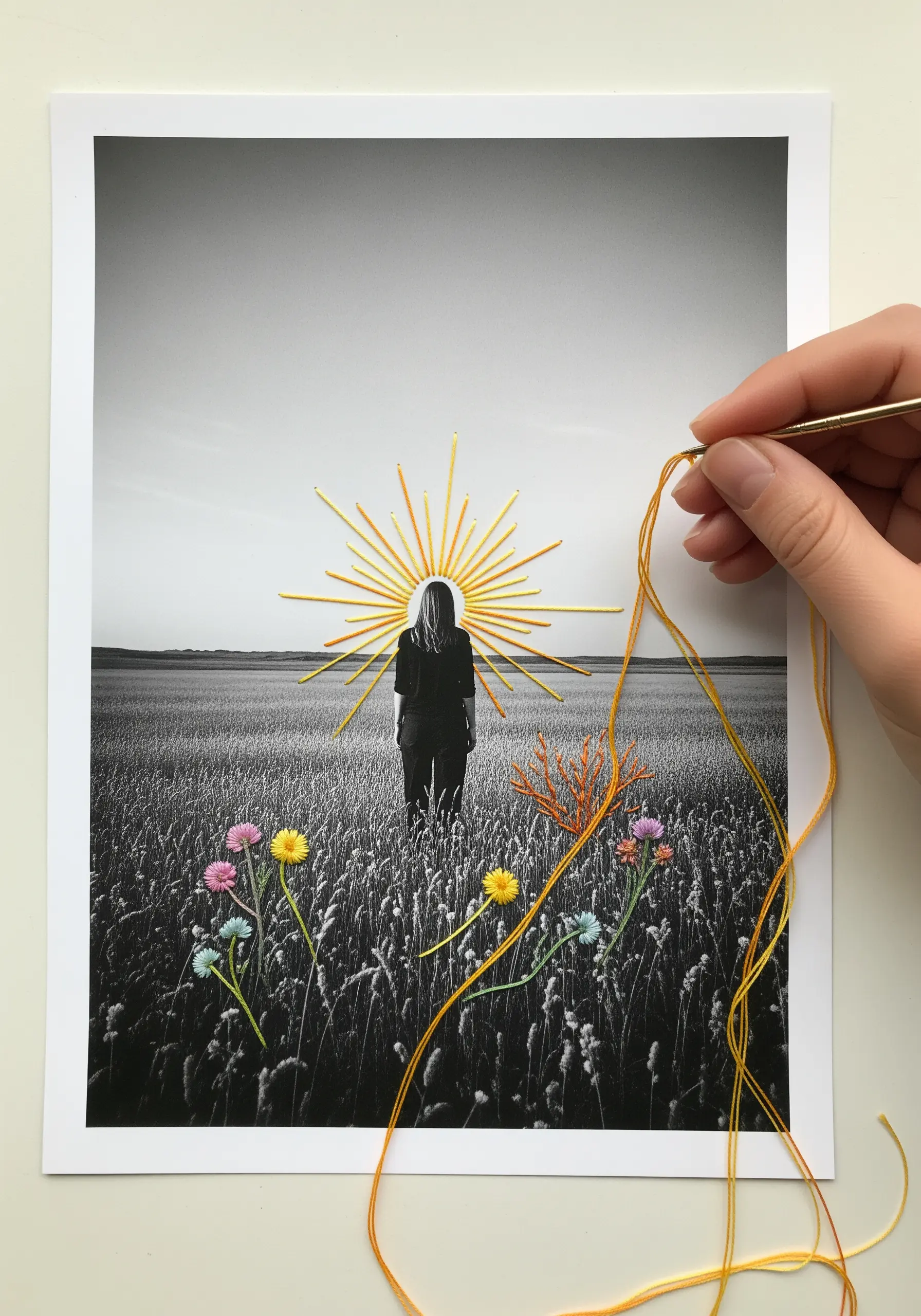 A black and white photograph of a person in a field with brightly colored embroidered flowers.