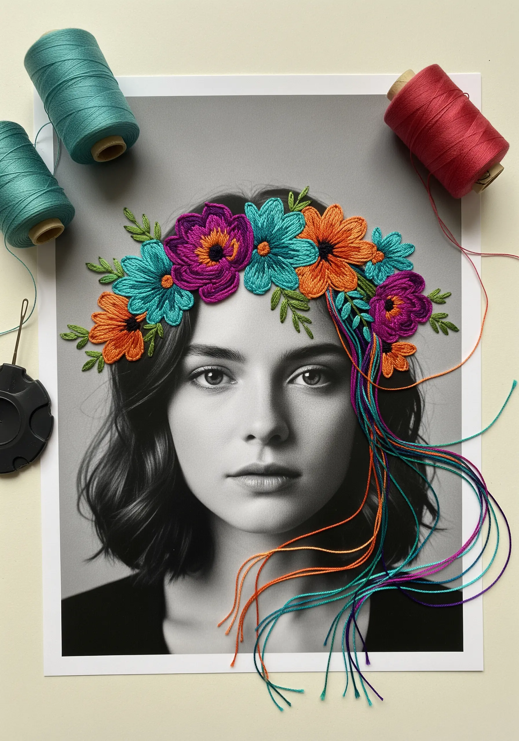 A black-and-white portrait with a vibrant, colorful floral crown embroidered directly onto the photo.
