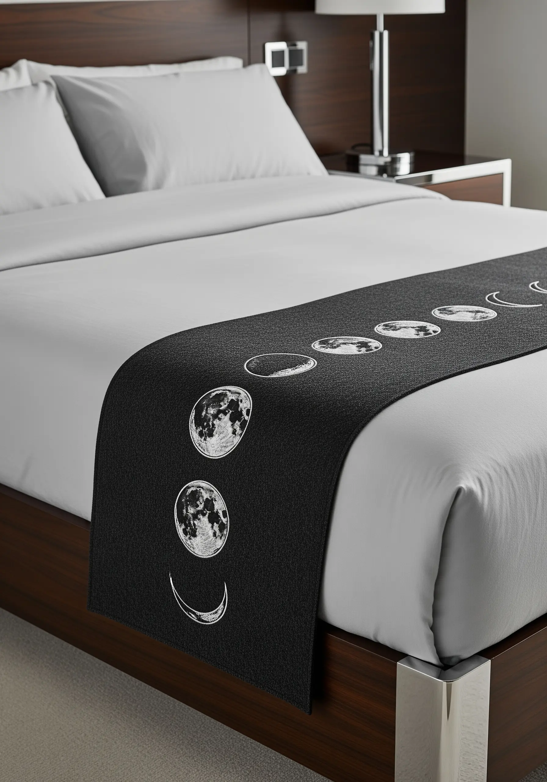A black bed runner featuring realistic, detailed embroidery of the moon's phases.
