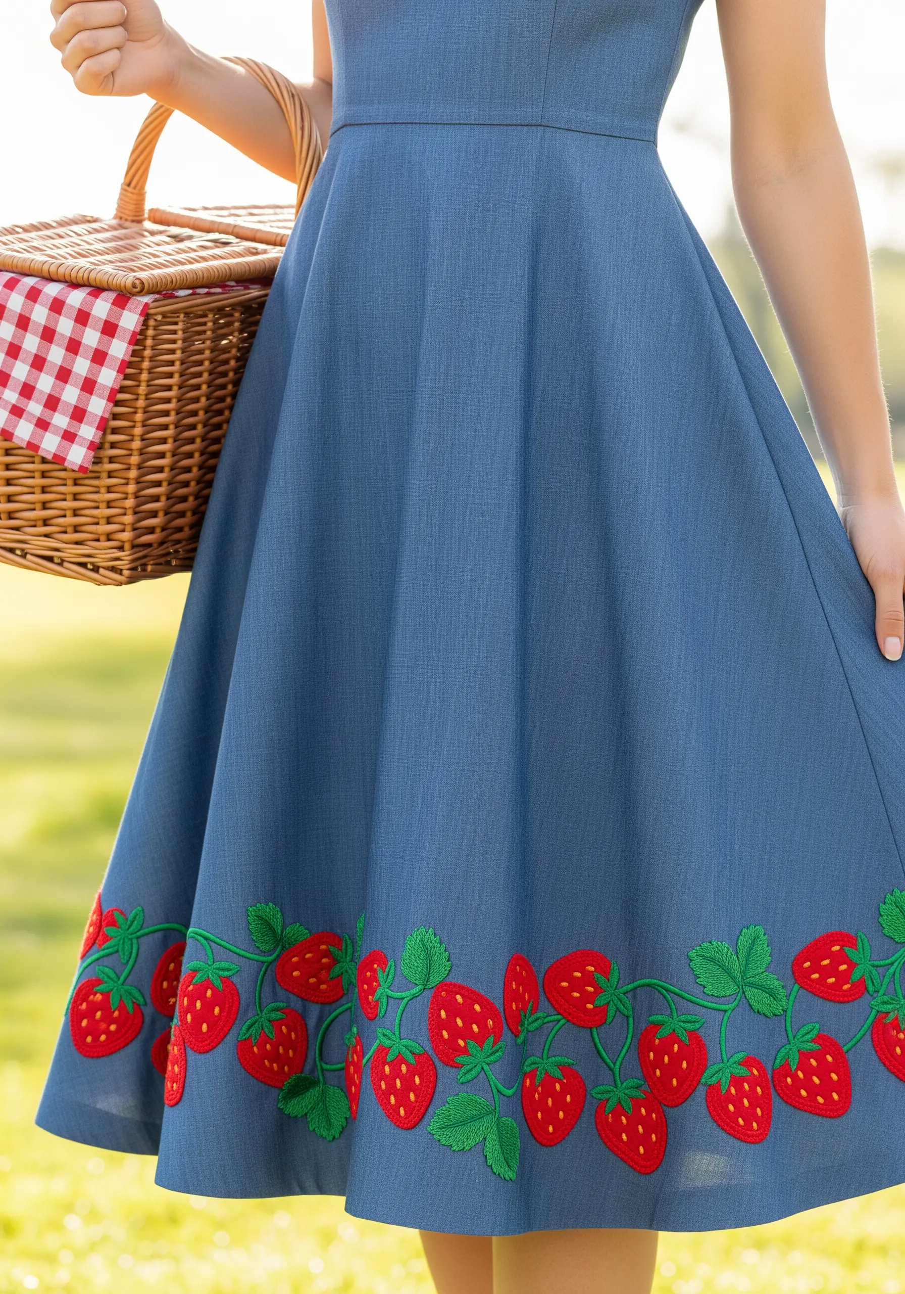 Denim dress with embroidered strawberry vine border