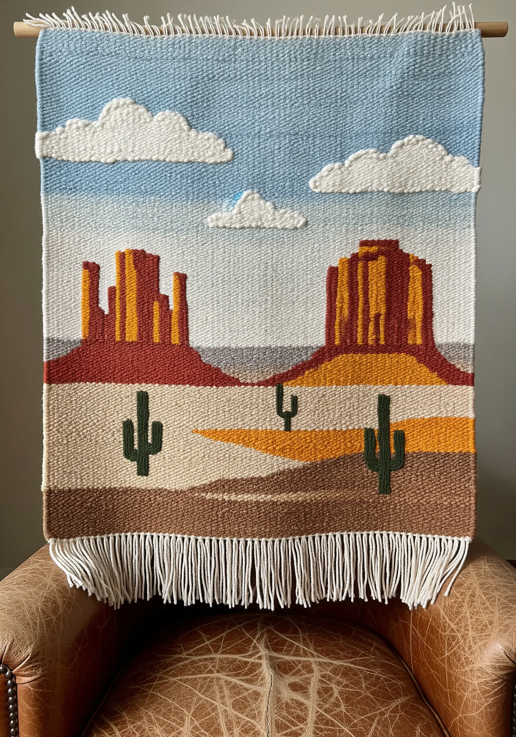 Woven tapestry of a desert landscape with buttes, cacti, and fluffy white clouds.