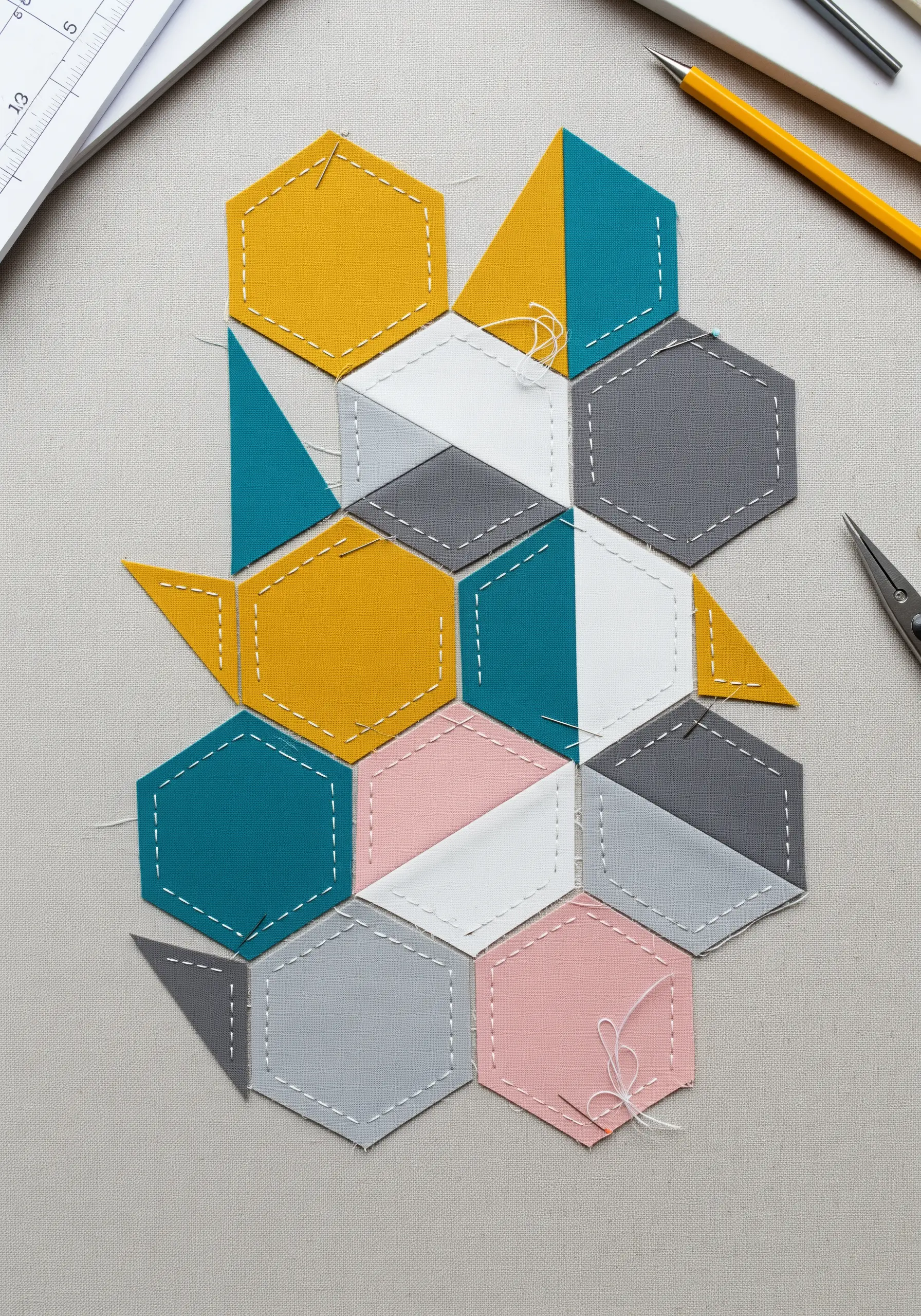 A work-in-progress geometric pattern made of fabric-covered hexagons being stitched together.
