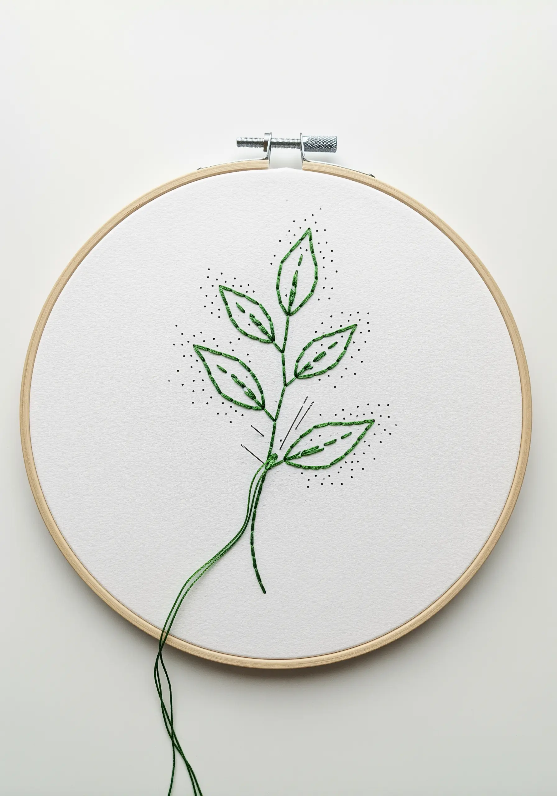 A minimalist green leaf and stem stitched onto white paper, with tiny pre-pierced holes visible around the outline.