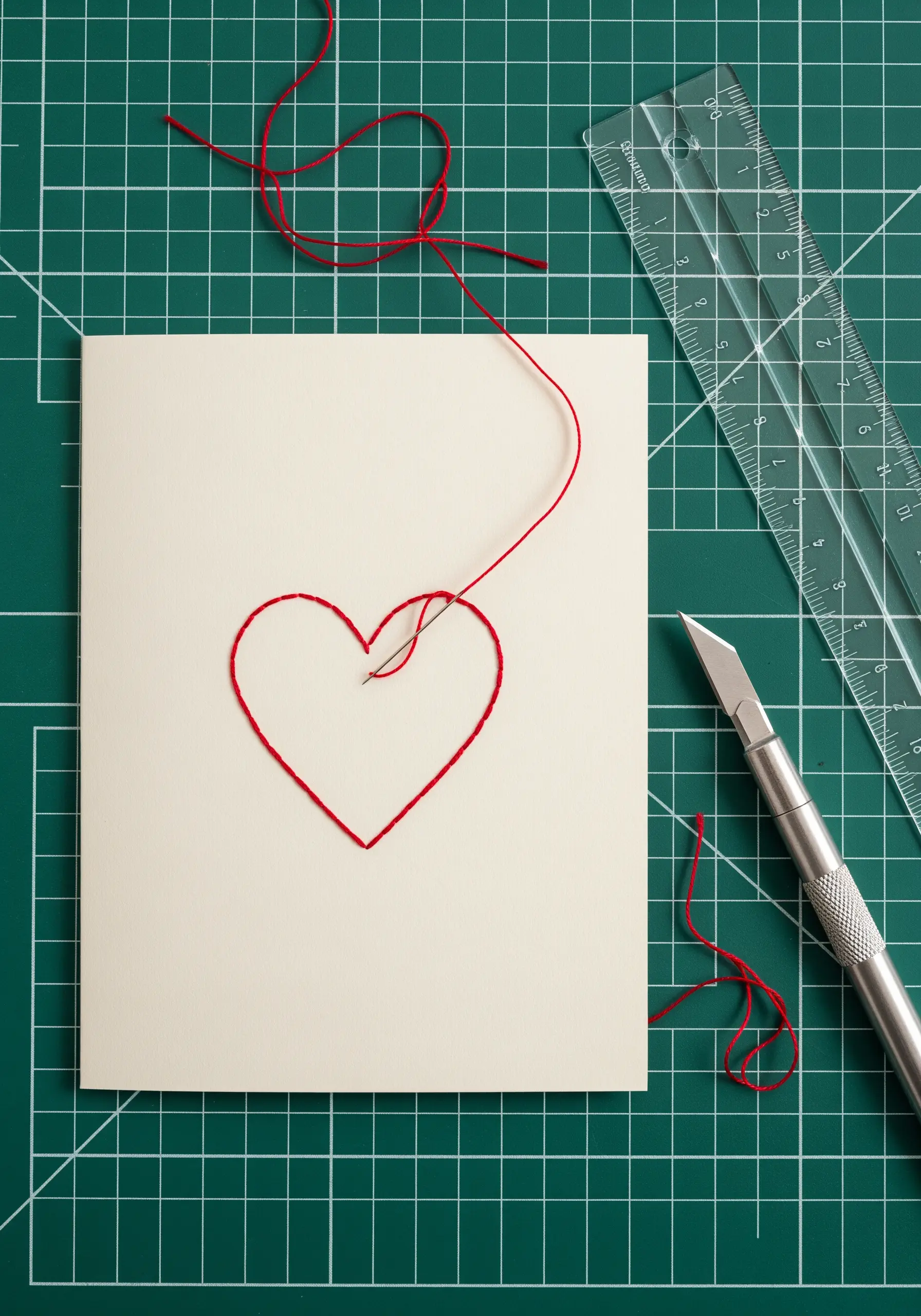 Cream cardstock on a cutting mat with a red thread heart embroidered into it