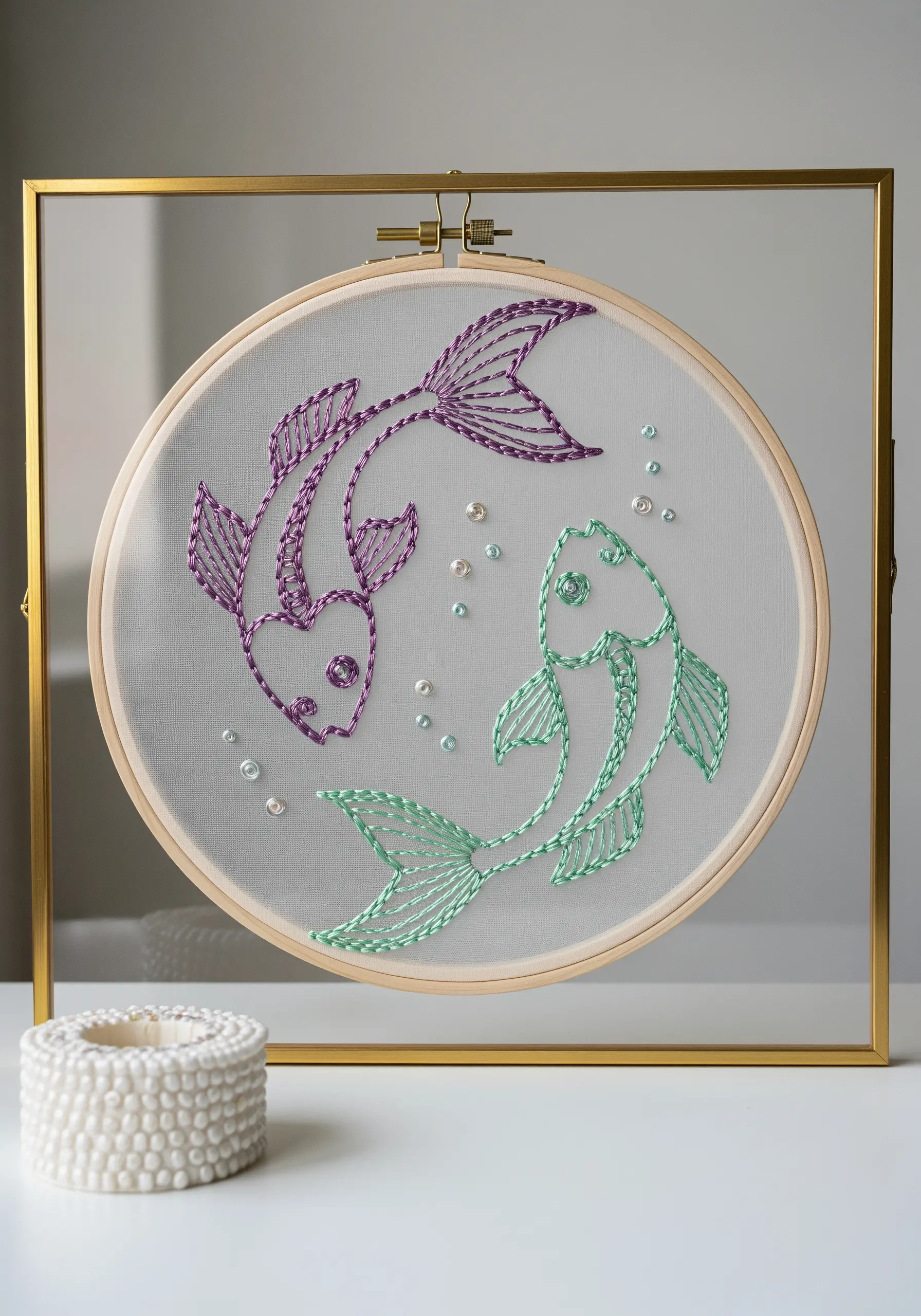 Two Pisces fish embroidered in purple and green metallic thread on sheer fabric.