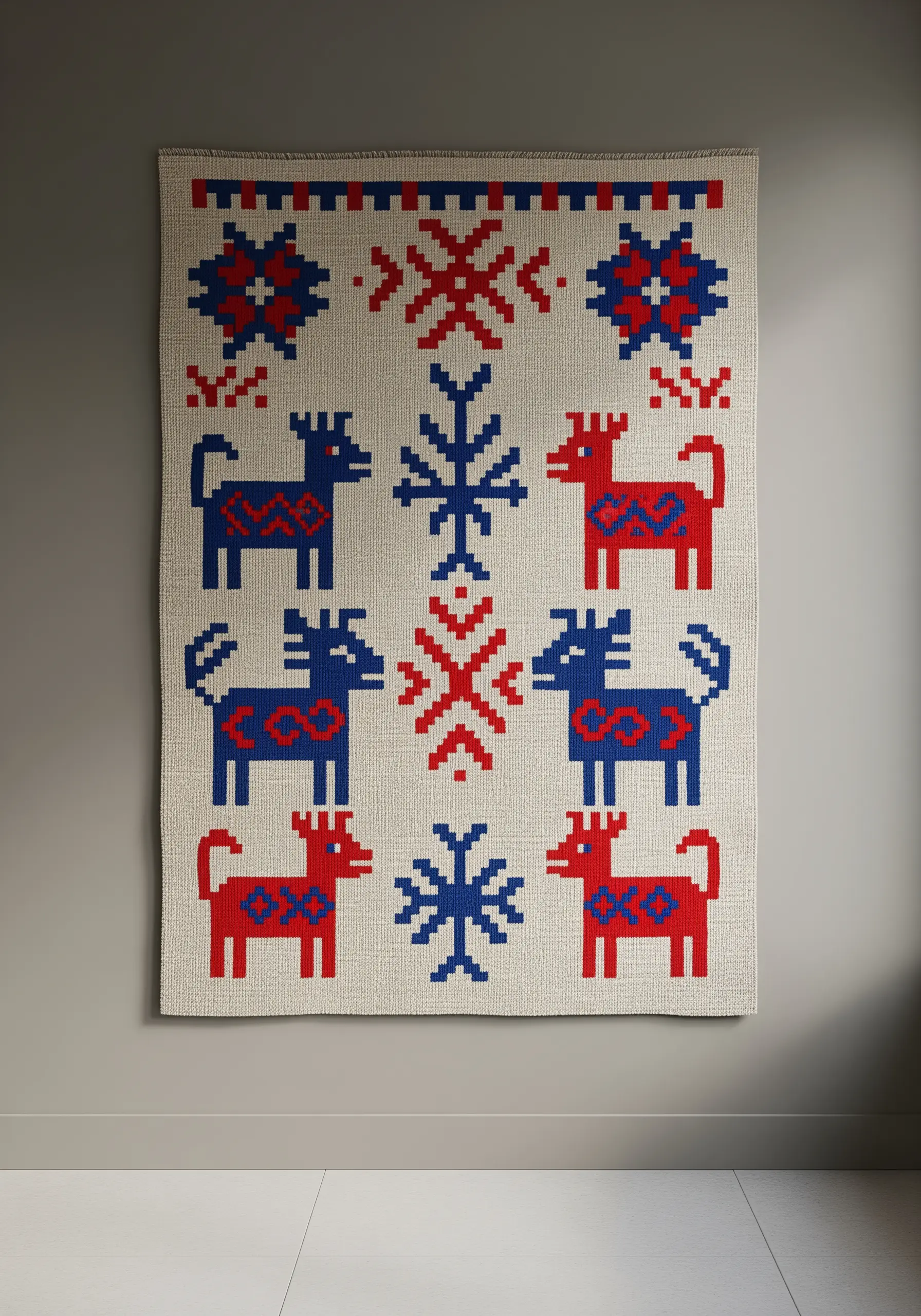 Large woven tapestry featuring pixelated blue and red folk art animals