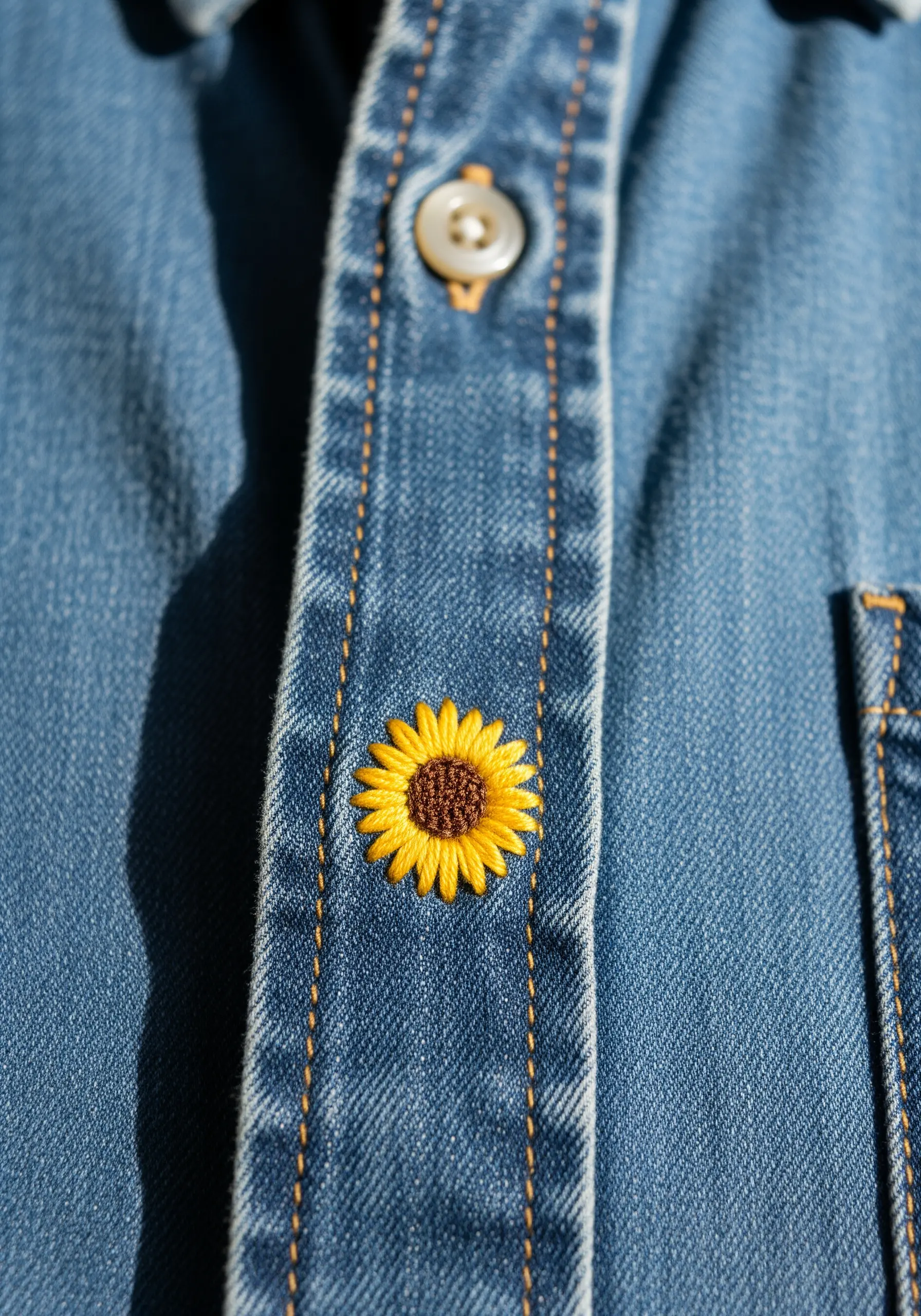 A tiny embroidered sunflower stitched onto the button placket of a denim shirt.