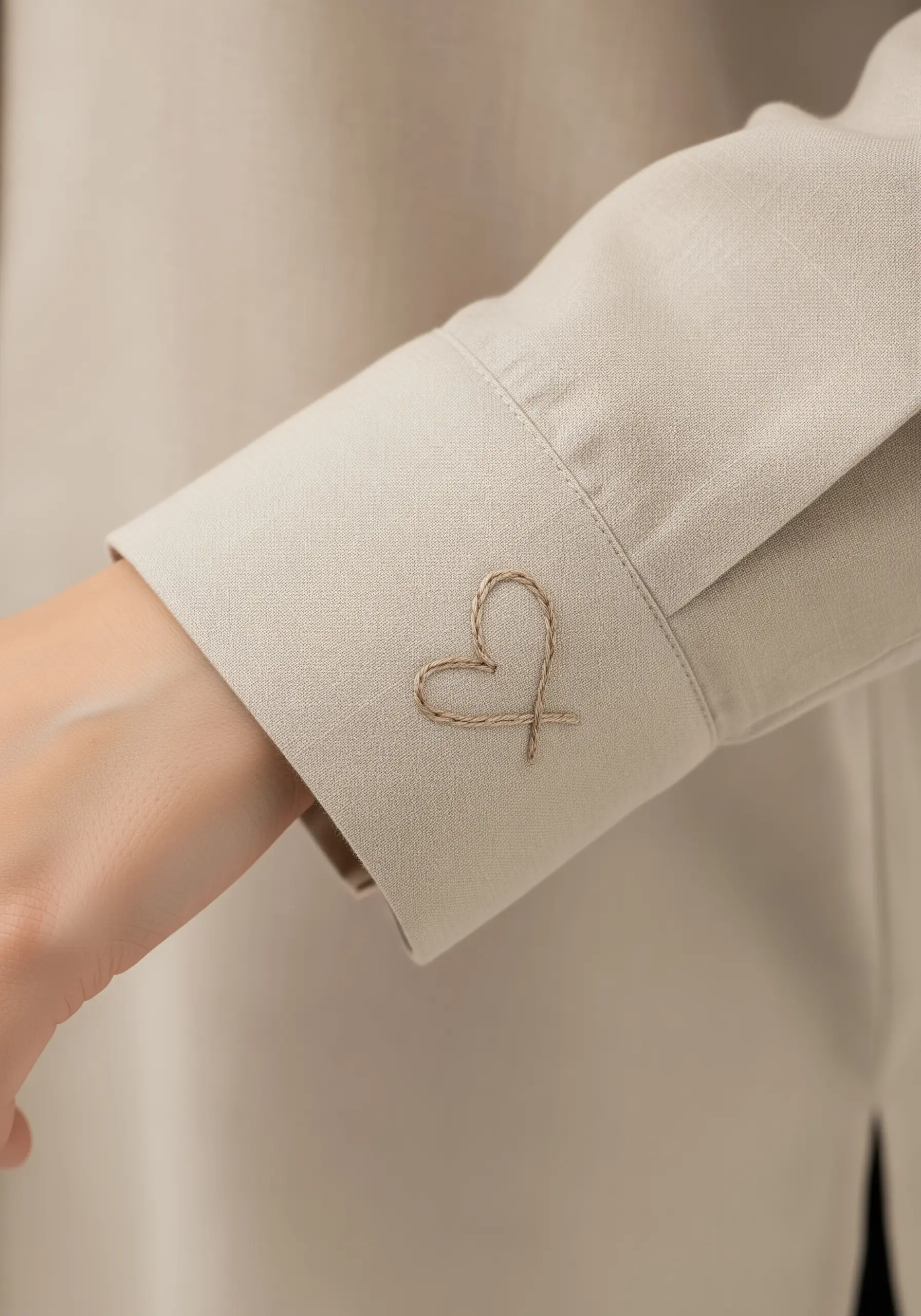 A small, hand-drawn style heart embroidered on the cuff of a light beige blouse.