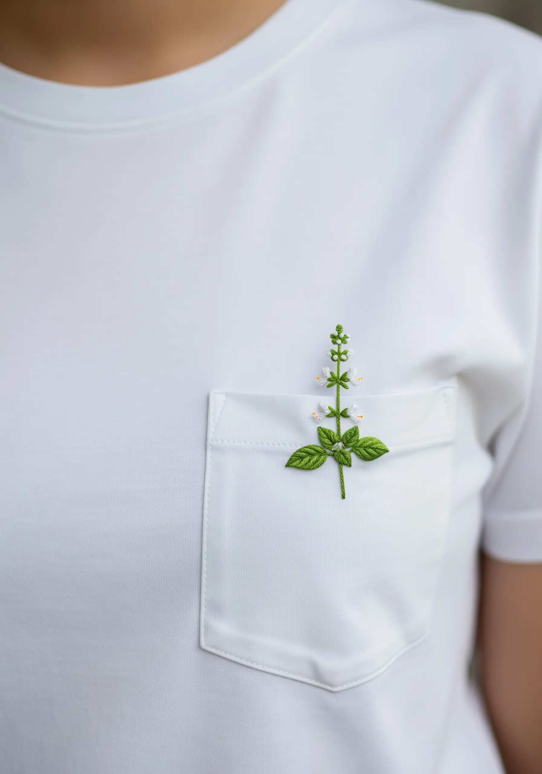 A small, delicate sprig of basil with white blossoms embroidered on a t-shirt pocket.