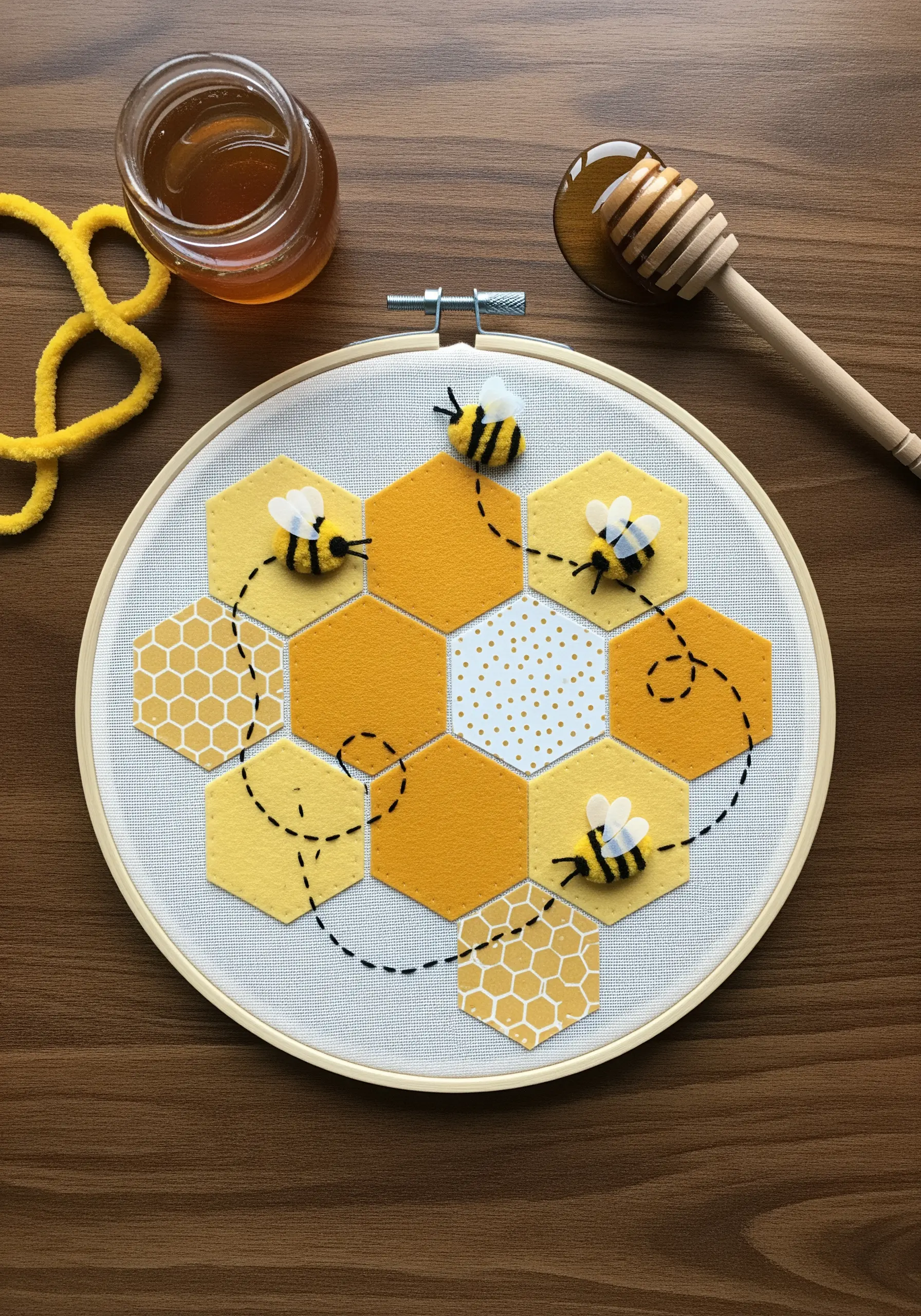 Hoop art with a honeycomb pattern made from felt appliqué and small 3D felt bees.