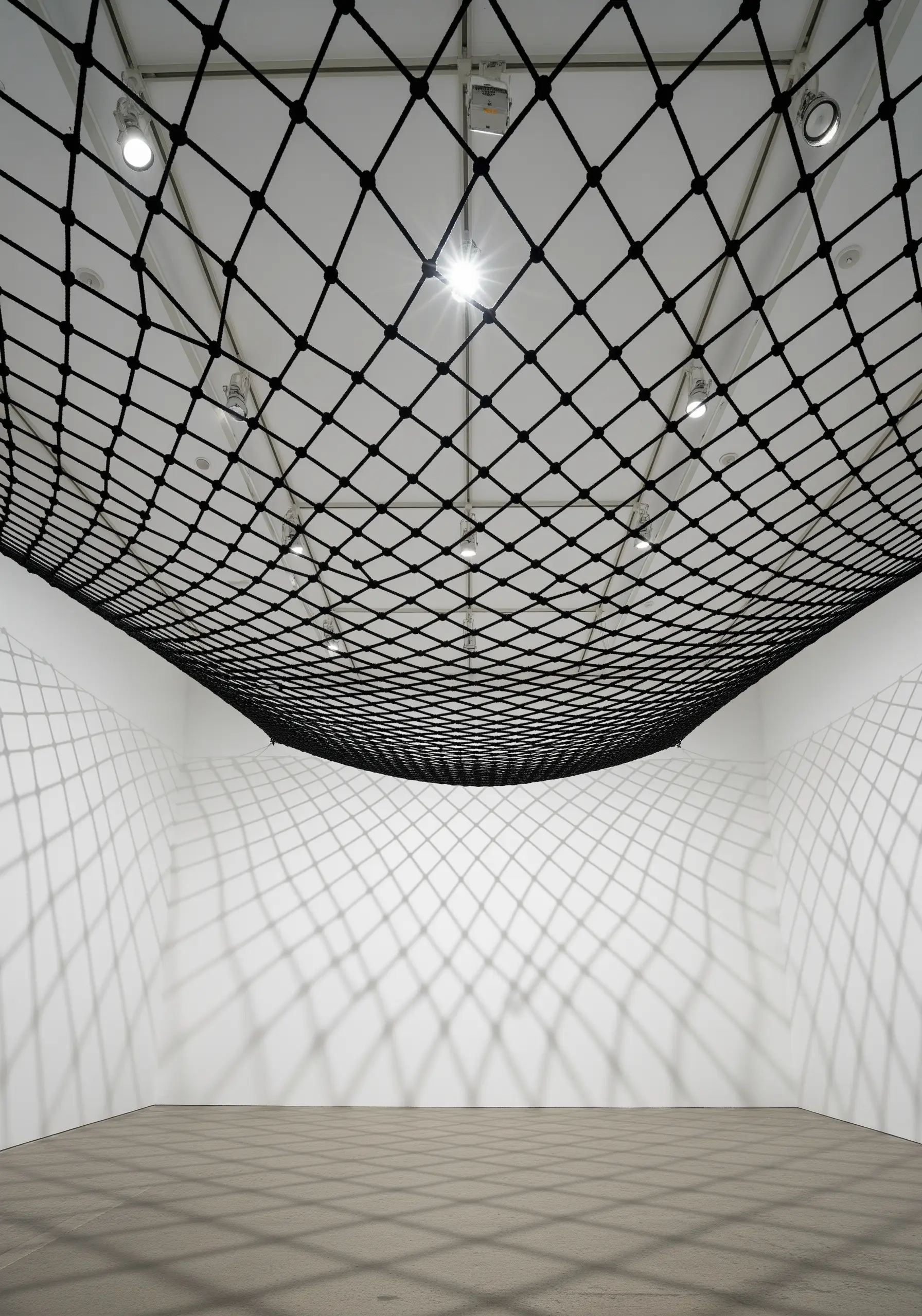 A large, black knotted net suspended from the ceiling of a white room, casting a grid of shadows.