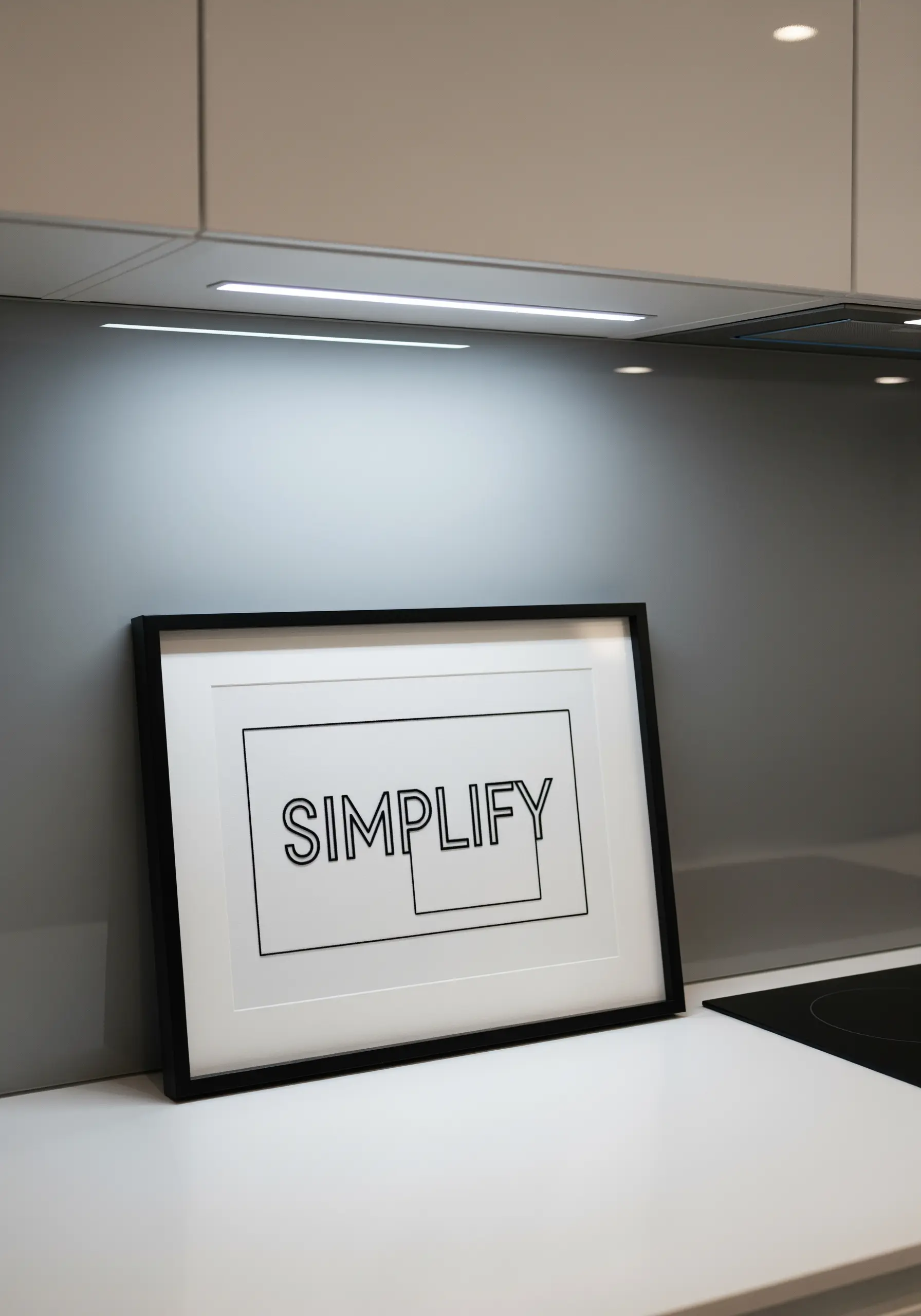 The word 'Simplify' embroidered in clean black lines, interacting with a simple geometric box.