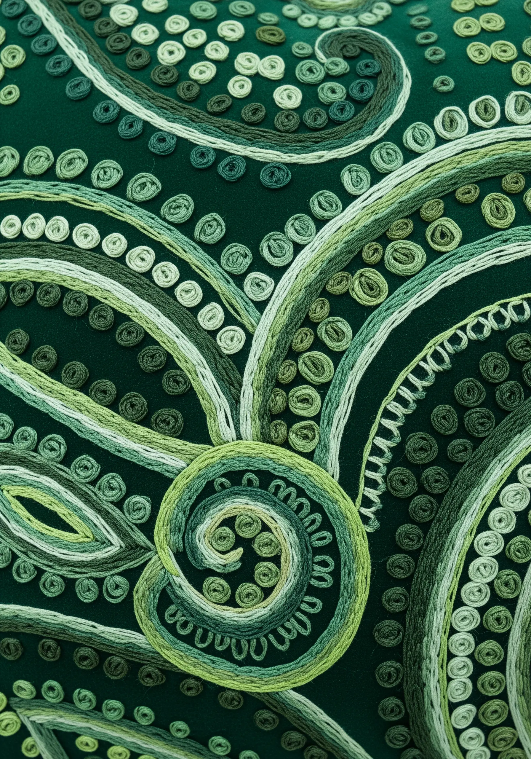 A dark green pillow with an abstract swirling pattern stitched in various shades of green.